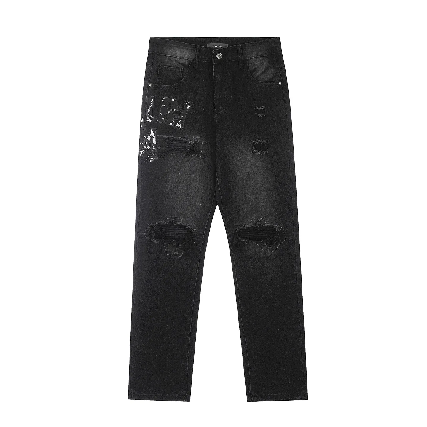 M21 P168💰 Amiri classic embroidered leather ripped letter jeans slim fit jeans produced by a large washed factory. Full of high-end feel. Knee part destroyed design with leather patchwork design. Already used as facade design. Leather waist nameplate. The focus of this style is not on washing, but on the shape and version of the damage. The secret lies in the craftsmanship of the master. Later fraying, horse cutting, knife cutting, etc. The cost of these handmade products is far beyond comparison with assembly line products. Color: Picture color Size: 30-32-34-36