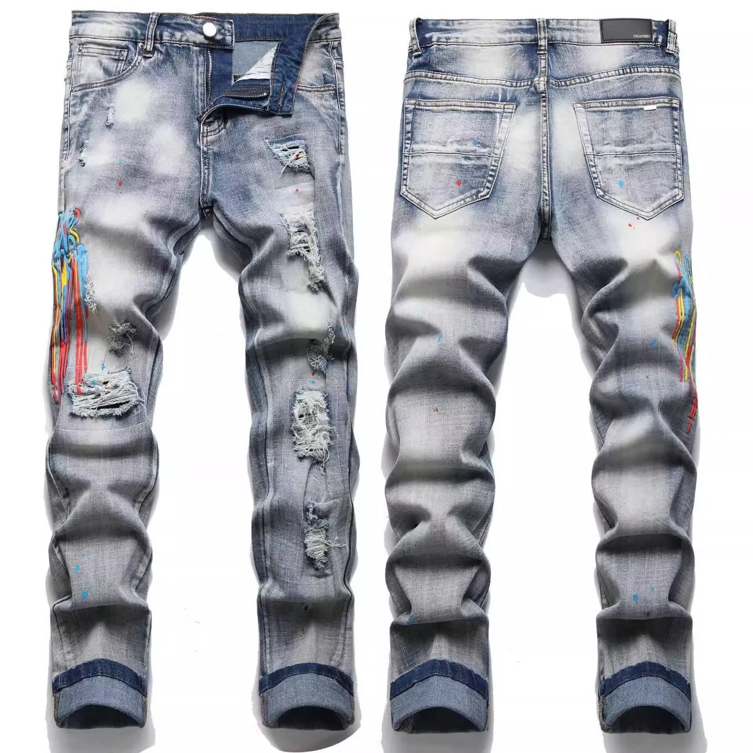 #M84 P168💰 AMIRI patch embroidery jeans trousers AMIRI high street basic ripped tight elastic jeans trousers amiri brand jeans break the production process and cutting of the original jeans, the fabrics are softer and more comfortable Hand-sewn collar label Customized logo buttons Genuine leather tag Color: Picture color Size: 30-32-34-36