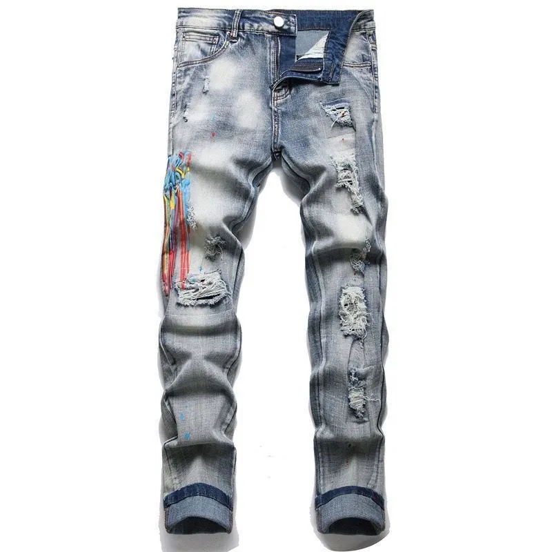 #M84 P168💰 AMIRI patch embroidery jeans trousers AMIRI high street basic ripped tight elastic jeans trousers amiri brand jeans break the production process and cutting of the original jeans, the fabrics are softer and more comfortable Hand-sewn collar label Customized logo buttons Genuine leather tag Color: Picture color Size: 30-32-34-36