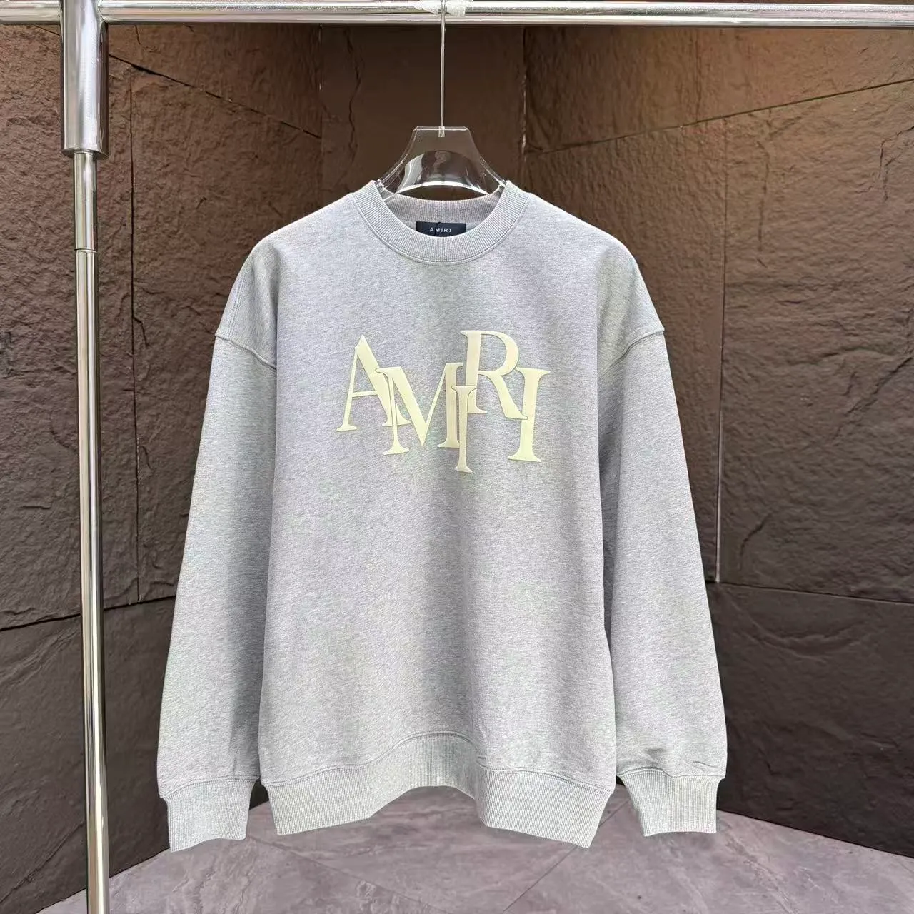 P200 AMIRI* 2025 autumn and winter new round neck sweatshirt 400g terry cotton letter logo three-dimensional foam Color: Black White Gray Purple Size: S M L XL XXL