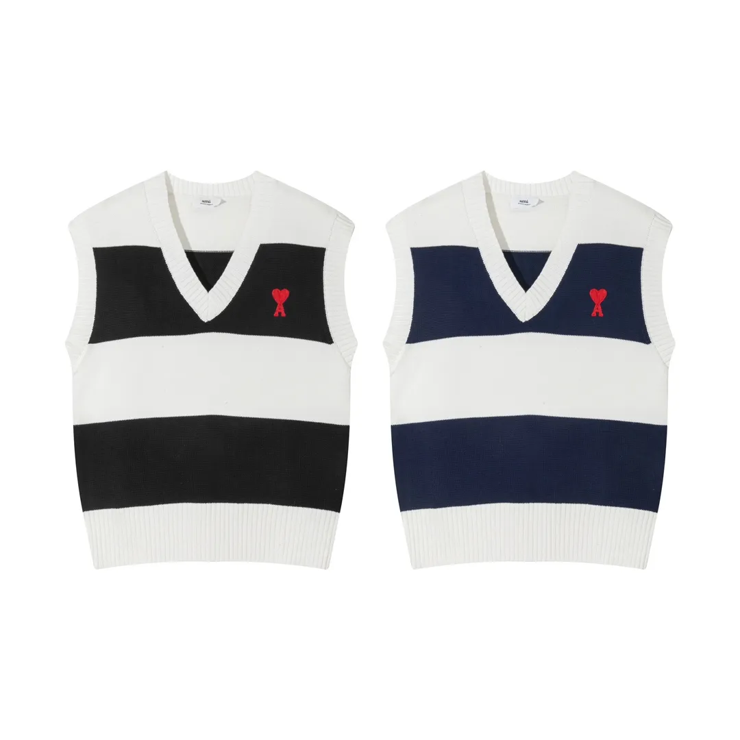 A088# AMI Paris2023 new sleeveless striped sweater vest vest with small love heart towel embroidery on the chest. Carefully woven with cotton and wool blended yarn. Same style for men and women. Color: black and white, blue and white. Size: S-XL.