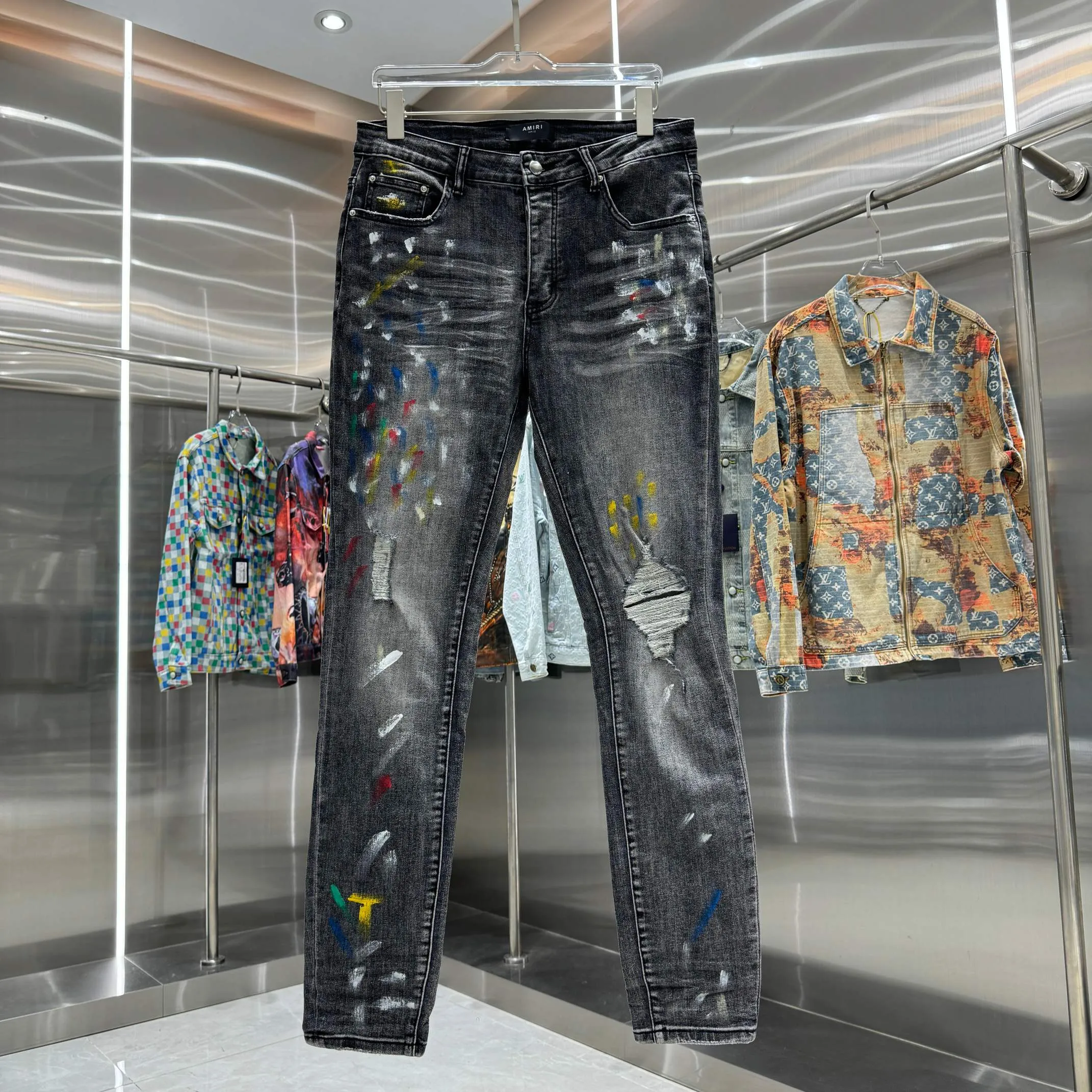P290 Amiri ripped graffiti craft street fashion slim fit stretch jeans Color Black Size 30 32 34 36 38