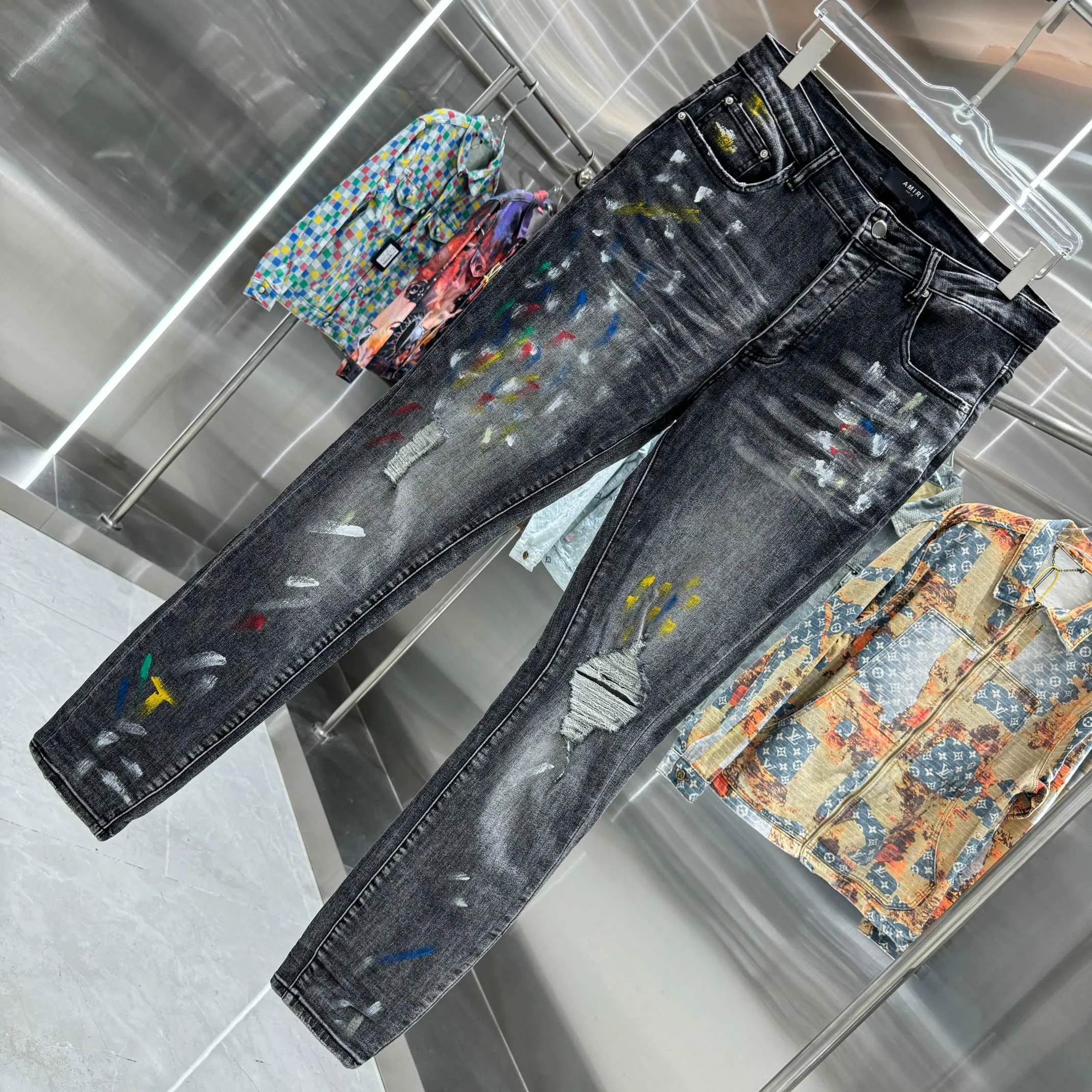 P290 Amiri ripped graffiti craft street fashion slim fit stretch jeans Color Black Size 30 32 34 36 38