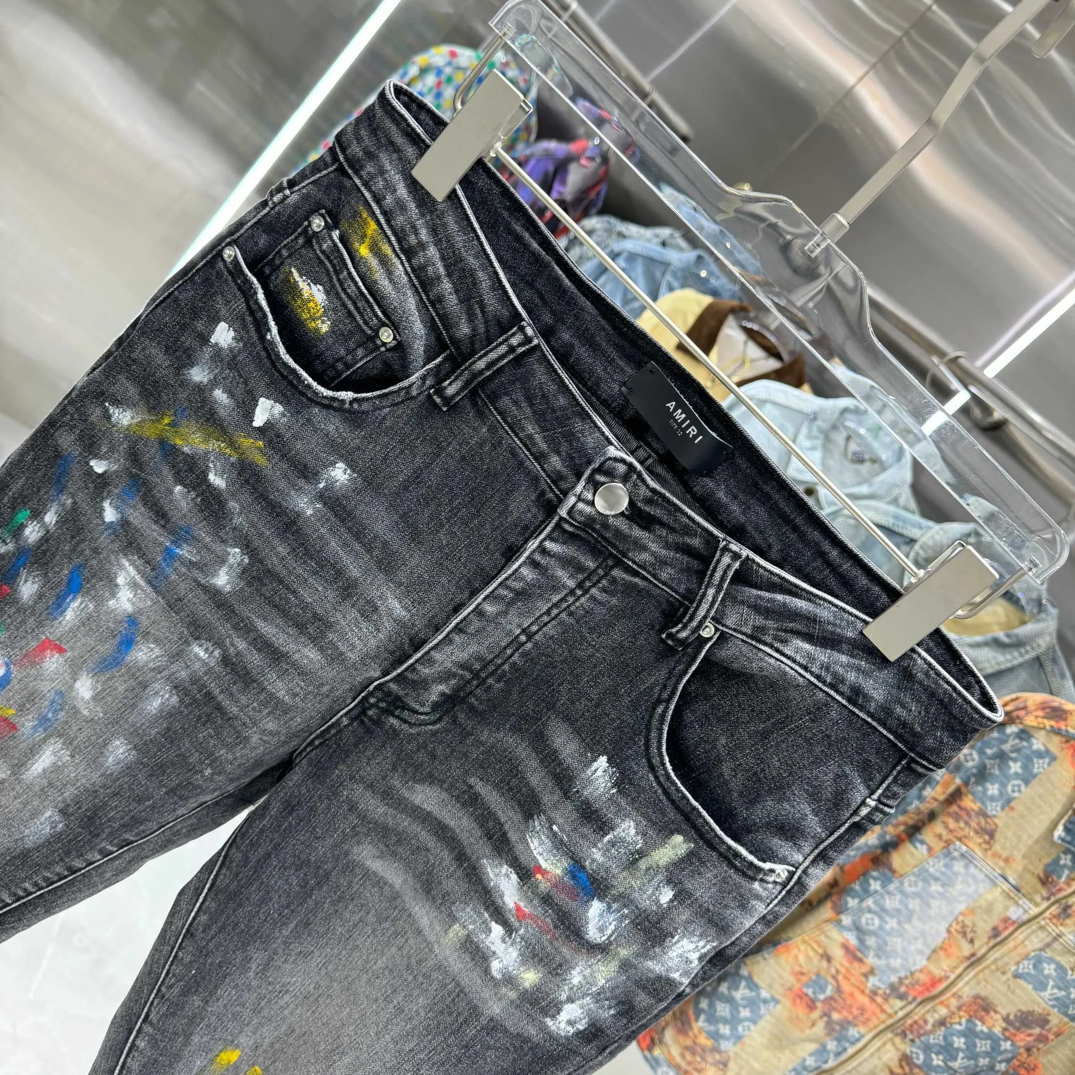 P290 Amiri ripped graffiti craft street fashion slim fit stretch jeans Color Black Size 30 32 34 36 38