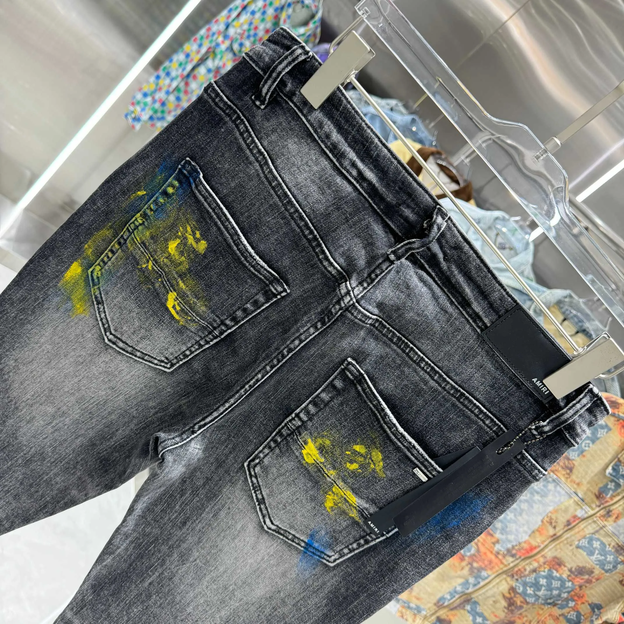 P290 Amiri ripped graffiti craft street fashion slim fit stretch jeans Color Black Size 30 32 34 36 38