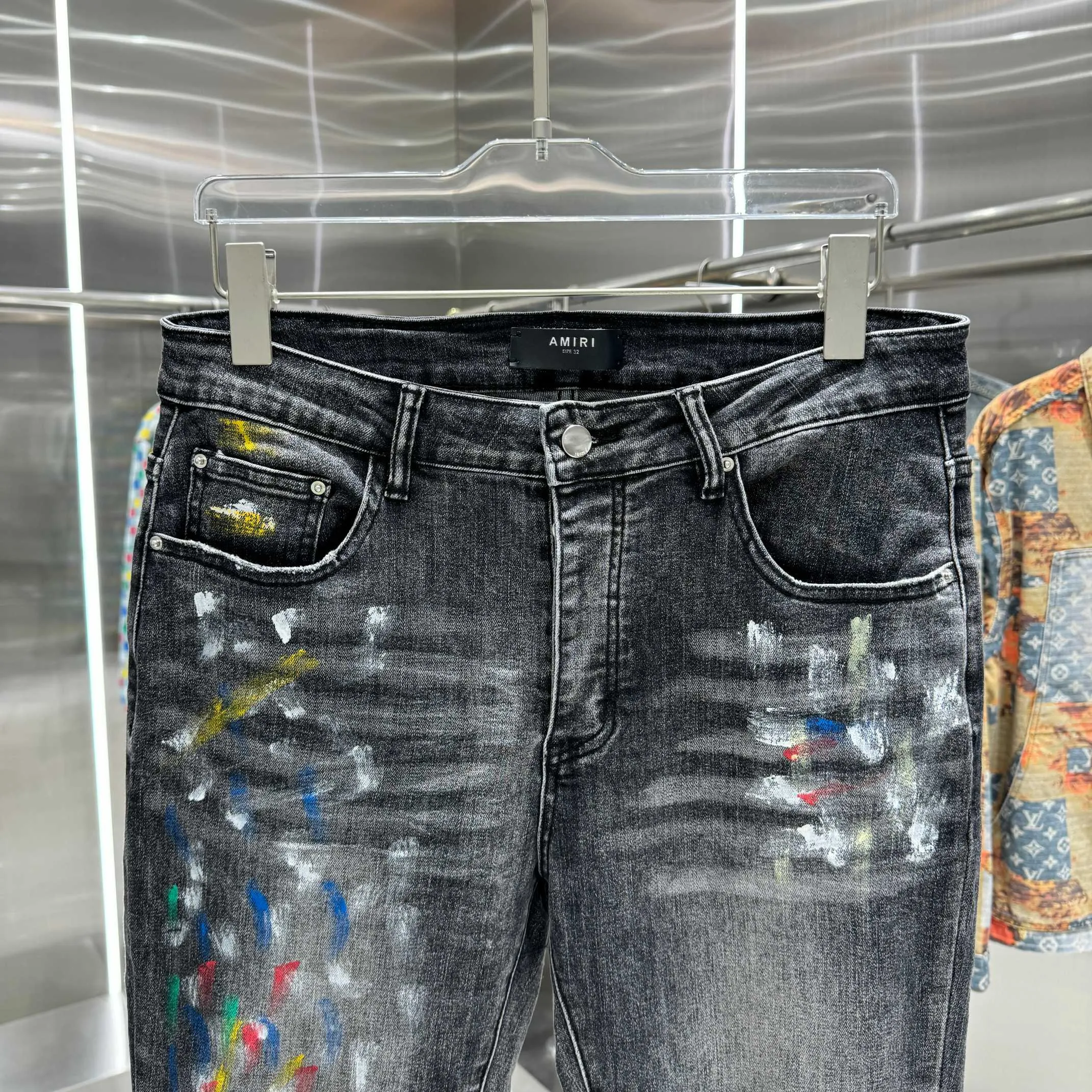 P290 Amiri ripped graffiti craft street fashion slim fit stretch jeans Color Black Size 30 32 34 36 38