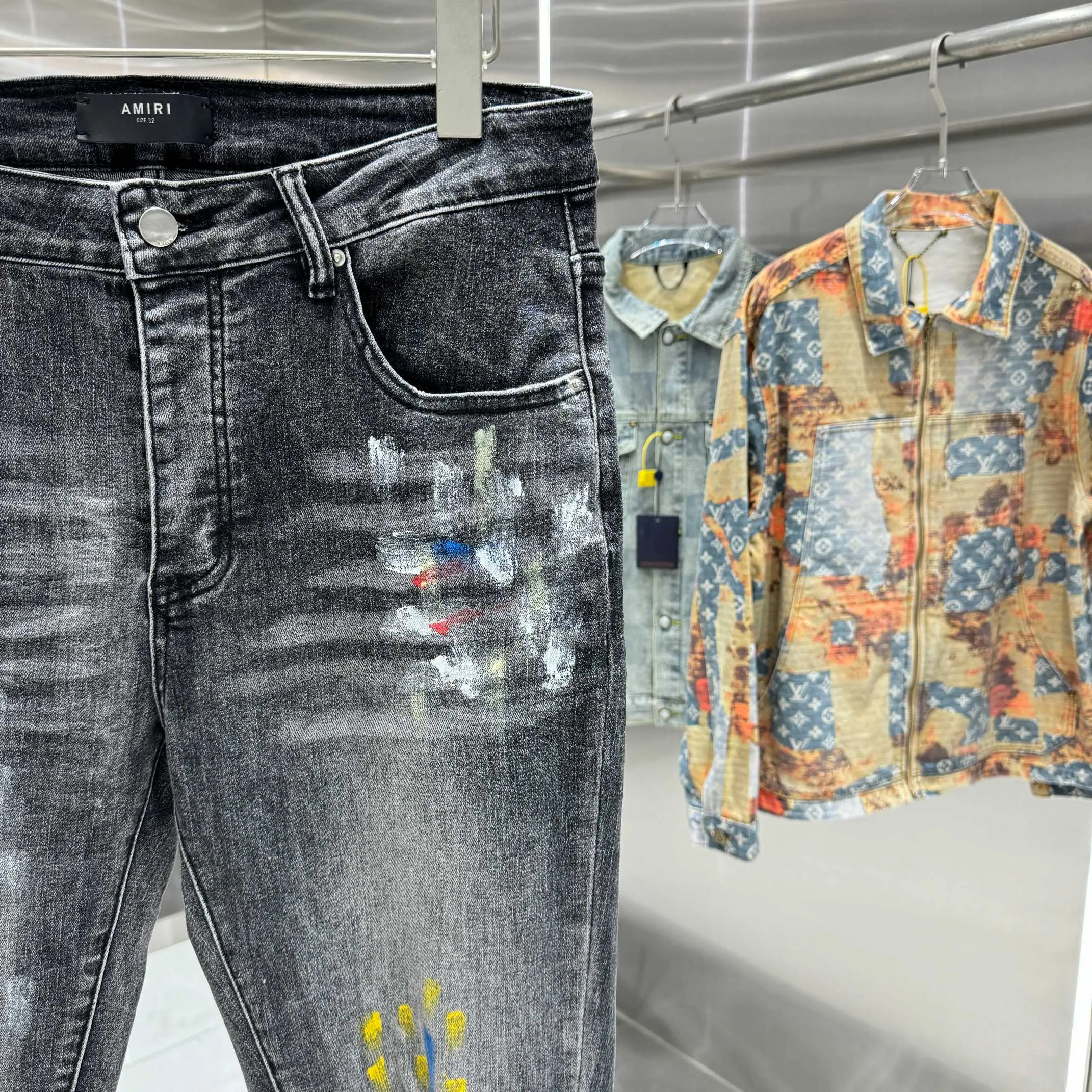 P290 Amiri ripped graffiti craft street fashion slim fit stretch jeans Color Black Size 30 32 34 36 38