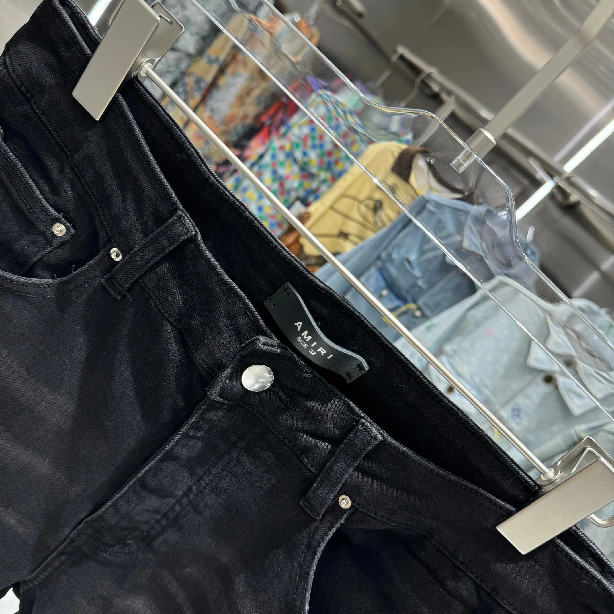P290 Amiri ripped pattern letter embroidery street fashion slim fit stretch jeans Color Black Size 30 32 34 36 38