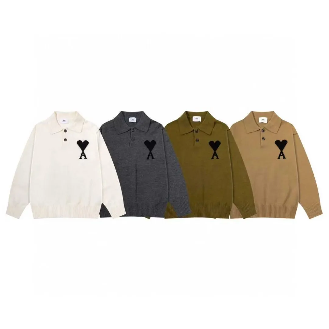8199# Ami Paris2025 [New arrival in autumn and winter] Black love jacquard ADC Merino Polo collar pullover sweater, the whole body uses reverse bone stitching technology, the same oversize version for men and women, color: white apricot, dark gray, green khaki, size S-XL