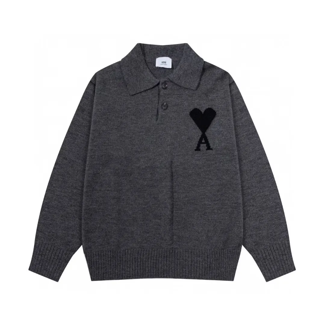 8199# Ami Paris2025 [New arrival in autumn and winter] Black love jacquard ADC Merino Polo collar pullover sweater, the whole body uses reverse bone stitching technology, the same oversize version for men and women, color: white apricot, dark gray, green khaki, size S-XL