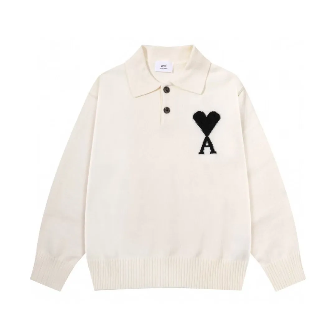 8199# Ami Paris2025 [New arrival in autumn and winter] Black love jacquard ADC Merino Polo collar pullover sweater, the whole body uses reverse bone stitching technology, the same oversize version for men and women, color: white apricot, dark gray, green khaki, size S-XL