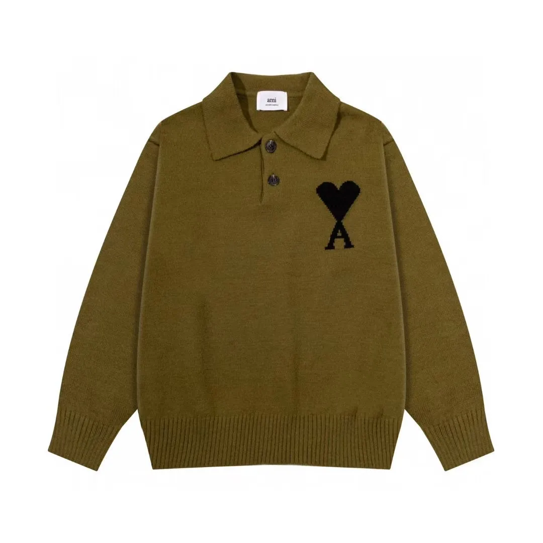 8199# Ami Paris2025 [New arrival in autumn and winter] Black love jacquard ADC Merino Polo collar pullover sweater, the whole body uses reverse bone stitching technology, the same oversize version for men and women, color: white apricot, dark gray, green khaki, size S-XL