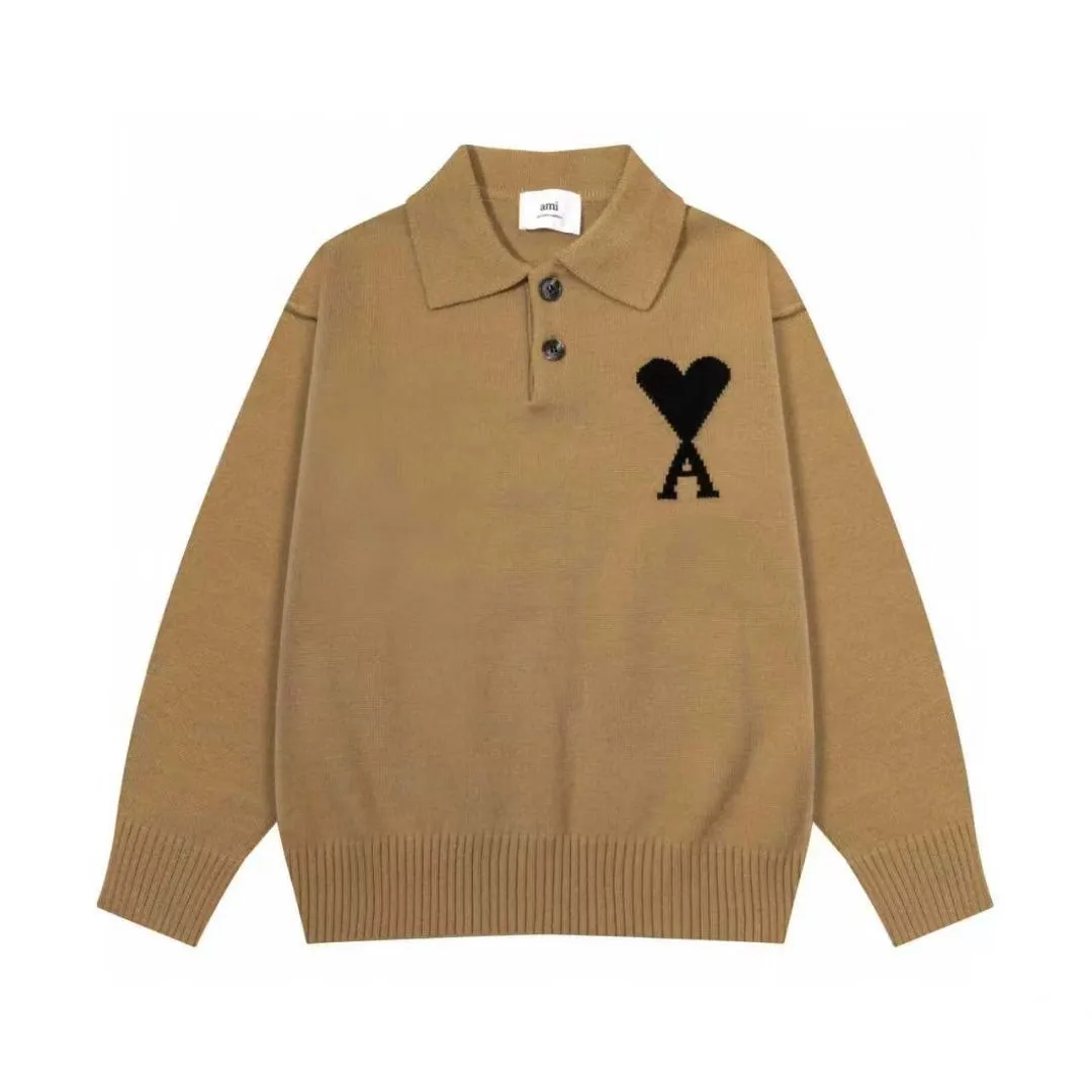 8199# Ami Paris2025 [New arrival in autumn and winter] Black love jacquard ADC Merino Polo collar pullover sweater, the whole body uses reverse bone stitching technology, the same oversize version for men and women, color: white apricot, dark gray, green khaki, size S-XL