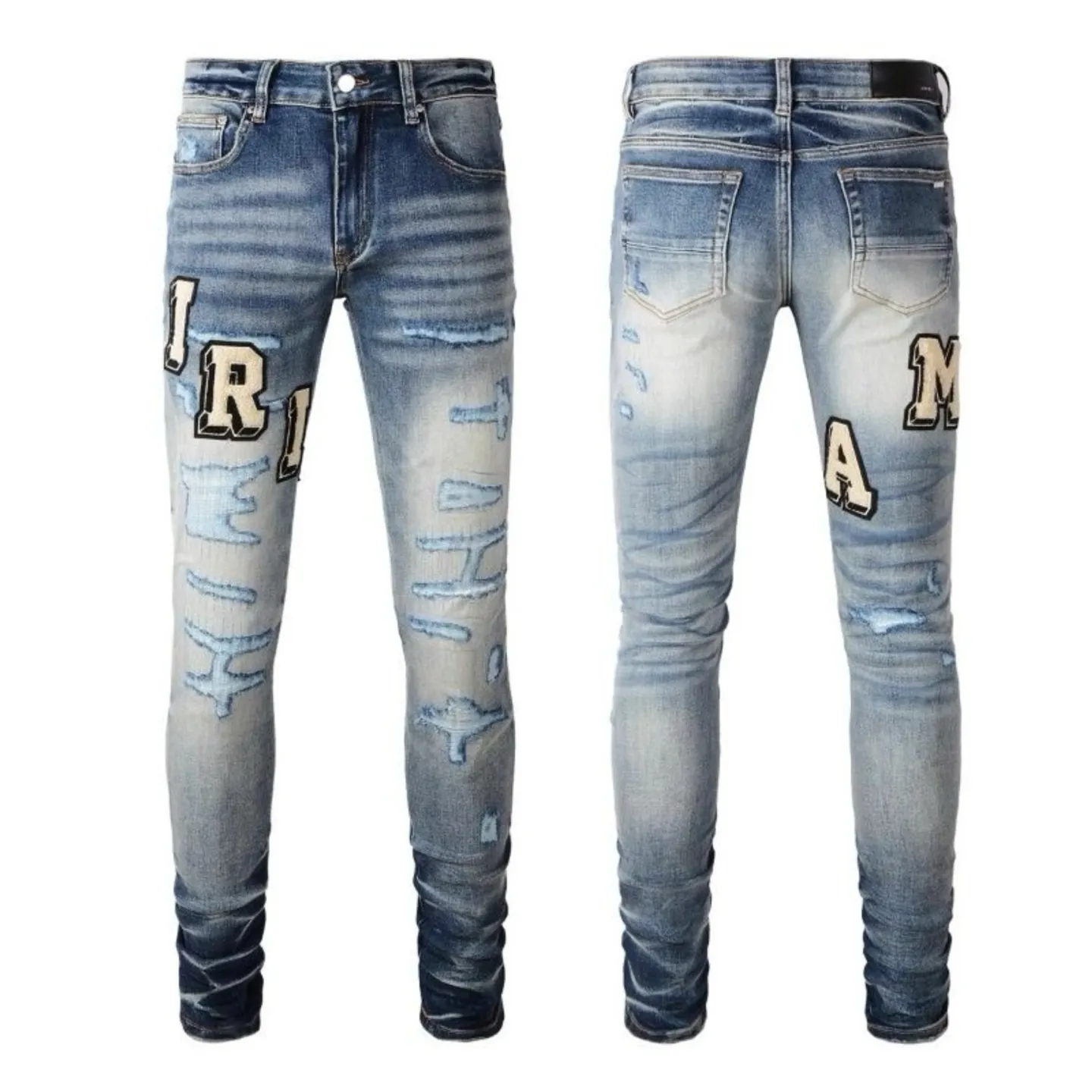 P220 💰 AMIRI patch embroidery jeans trousers AMIRI high street basic ripped tight elastic jeans trousers amiri brand jeans break the production process and cutting of the original jeans, the fabrics are softer and more comfortable Hand-sewn collar label Customized logo buttons Genuine leather tag Color: Picture color Size: 30-32-34-36