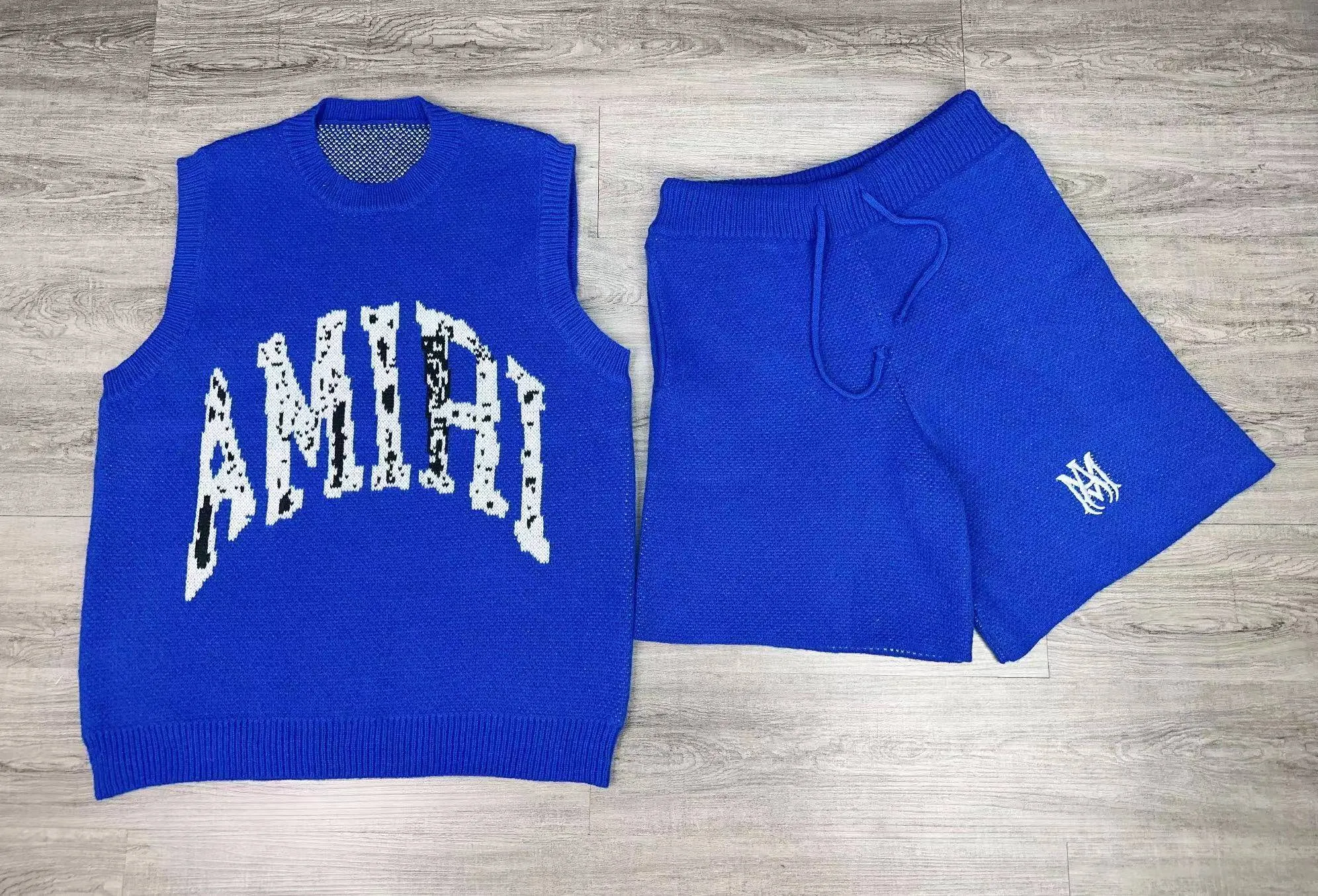 P310 🎉AMIRI new vest sweater suit, classic logo black and white mixed jacquard on top, exclusive logo embroidery on shorts, color: blue, size: S M L XL XXL