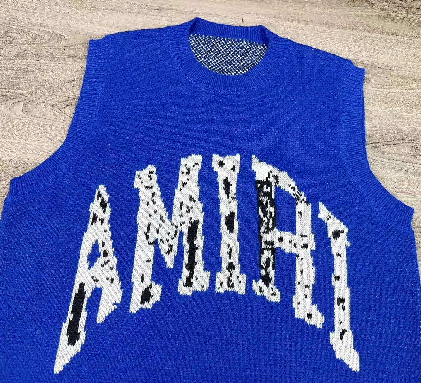 P310 🎉AMIRI new vest sweater suit, classic logo black and white mixed jacquard on top, exclusive logo embroidery on shorts, color: blue, size: S M L XL XXL
