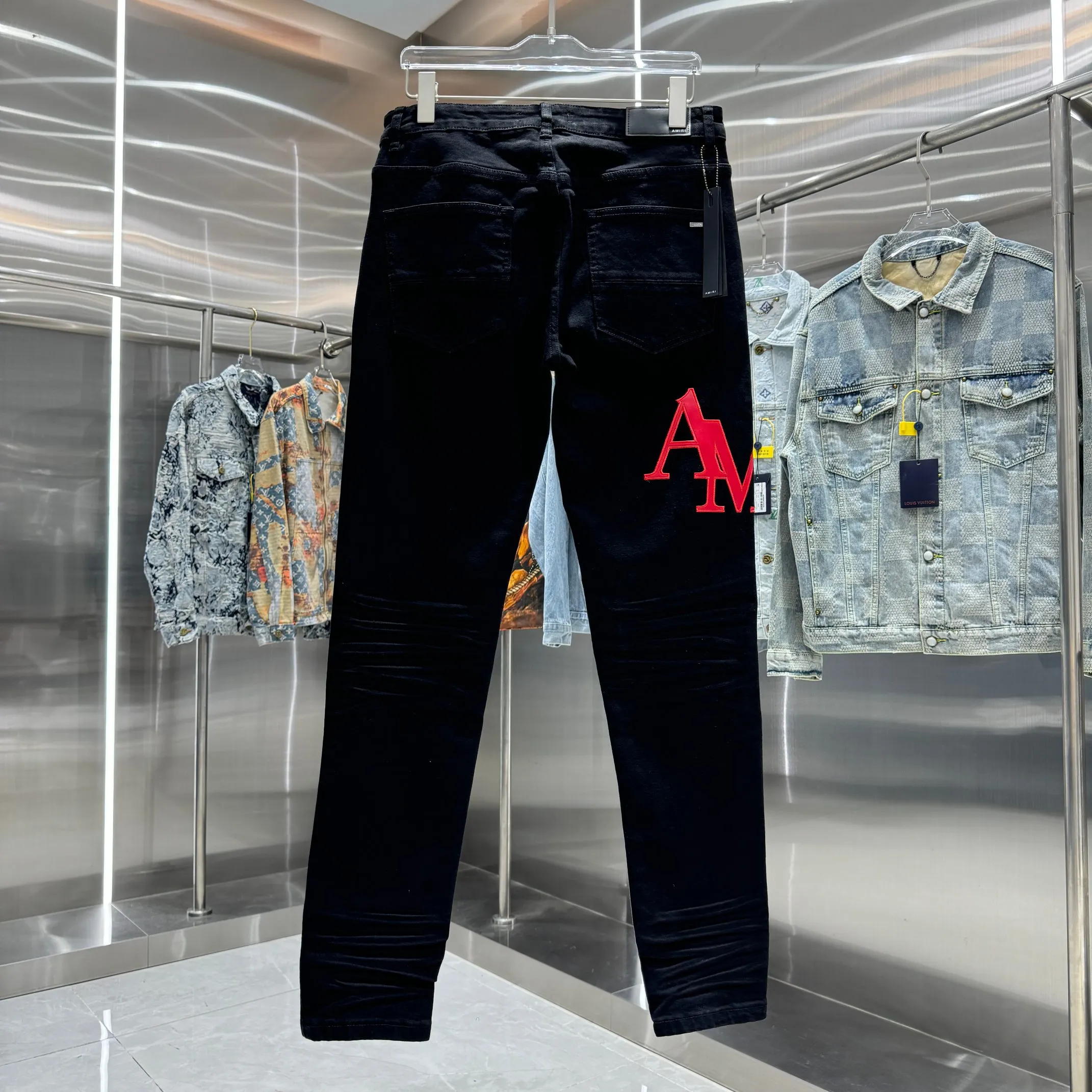 P290 Amiri letter embroidered street fashion slim fit stretch jeans Color Black Size 30 32 34 36 38