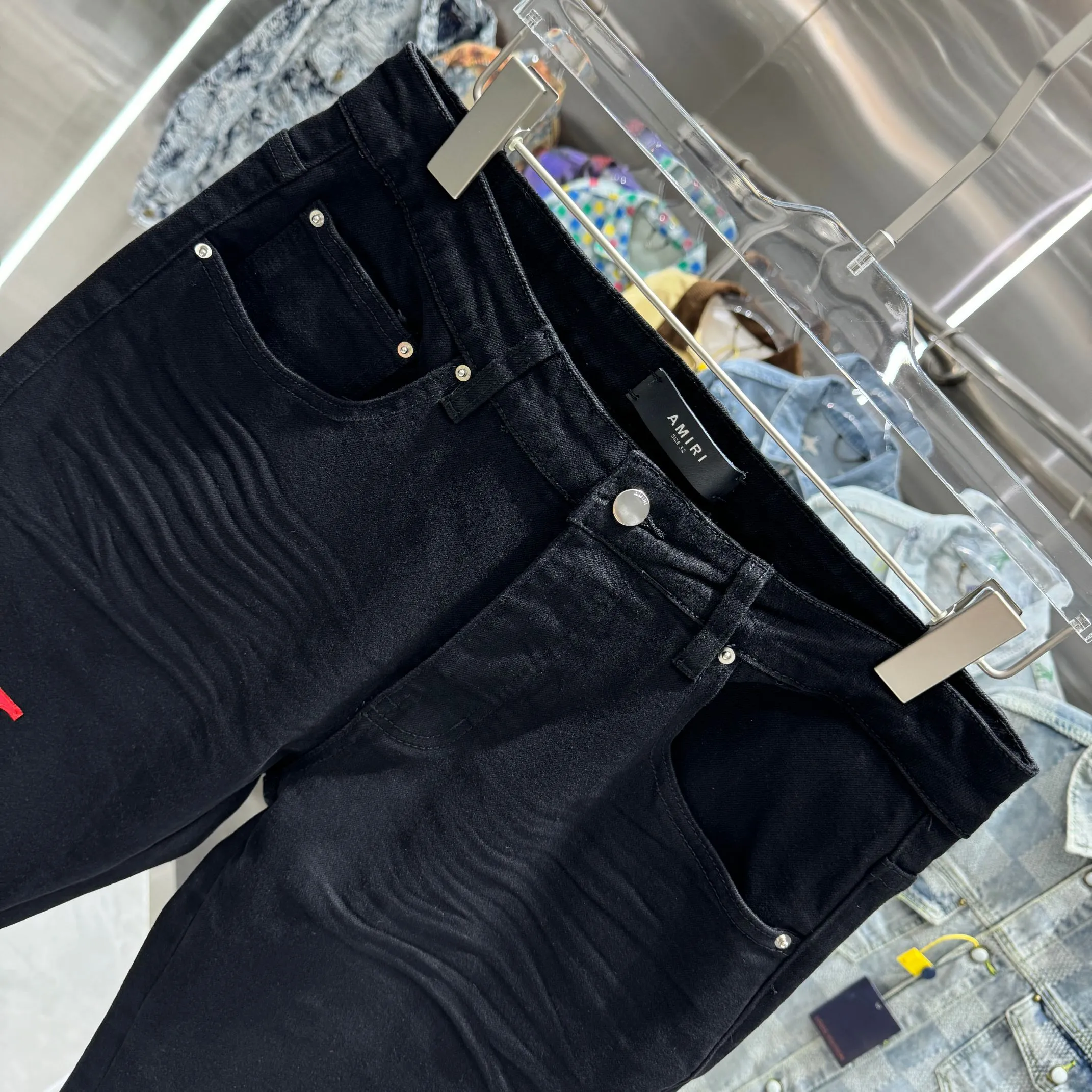 P290 Amiri letter embroidered street fashion slim fit stretch jeans Color Black Size 30 32 34 36 38
