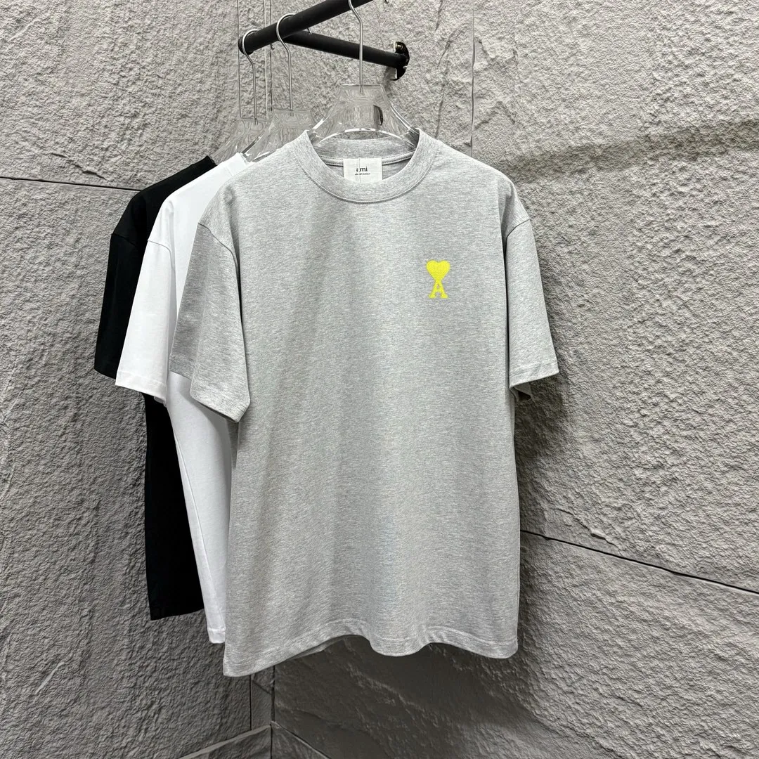 🅿️180 Ami* 2025 Spring and Summer New Style Embroidered yellow little love Customized double yarn plain cotton fabric Short-sleeved T-shirt Uniform for men and women Color: Black White Floral Gray Angora Red Size: S (90-130 catties) M (120-150 catties) L (140-165 catties) XL (160-180 catties) XXL (180-210 pounds)