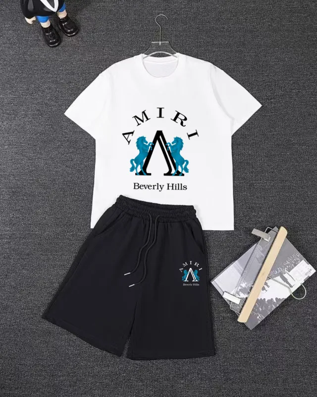 P280 AMIRI spring and summer short-sleeved suit, Xinjiang long-staple cotton short-sleeved + pure cotton terry shorts, a fusion of top elements, trendy men's fashion, unparalleled in terms of upper body comfort, it can be said to be a must-have set for summer. Size: S M L
