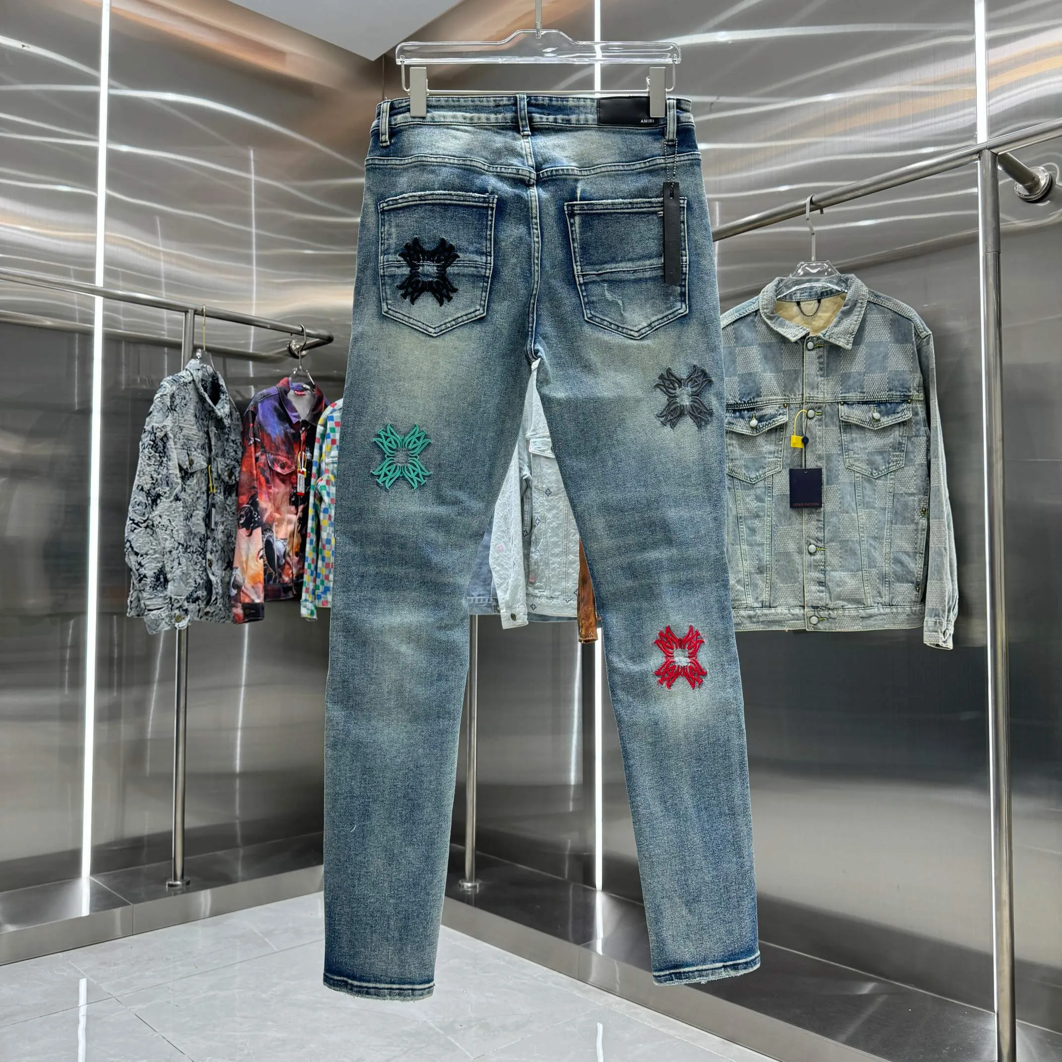P280 Amiri ripped embroidery pattern craft street fashion slim fit stretch jeans color blue size 30 32 34 36 38