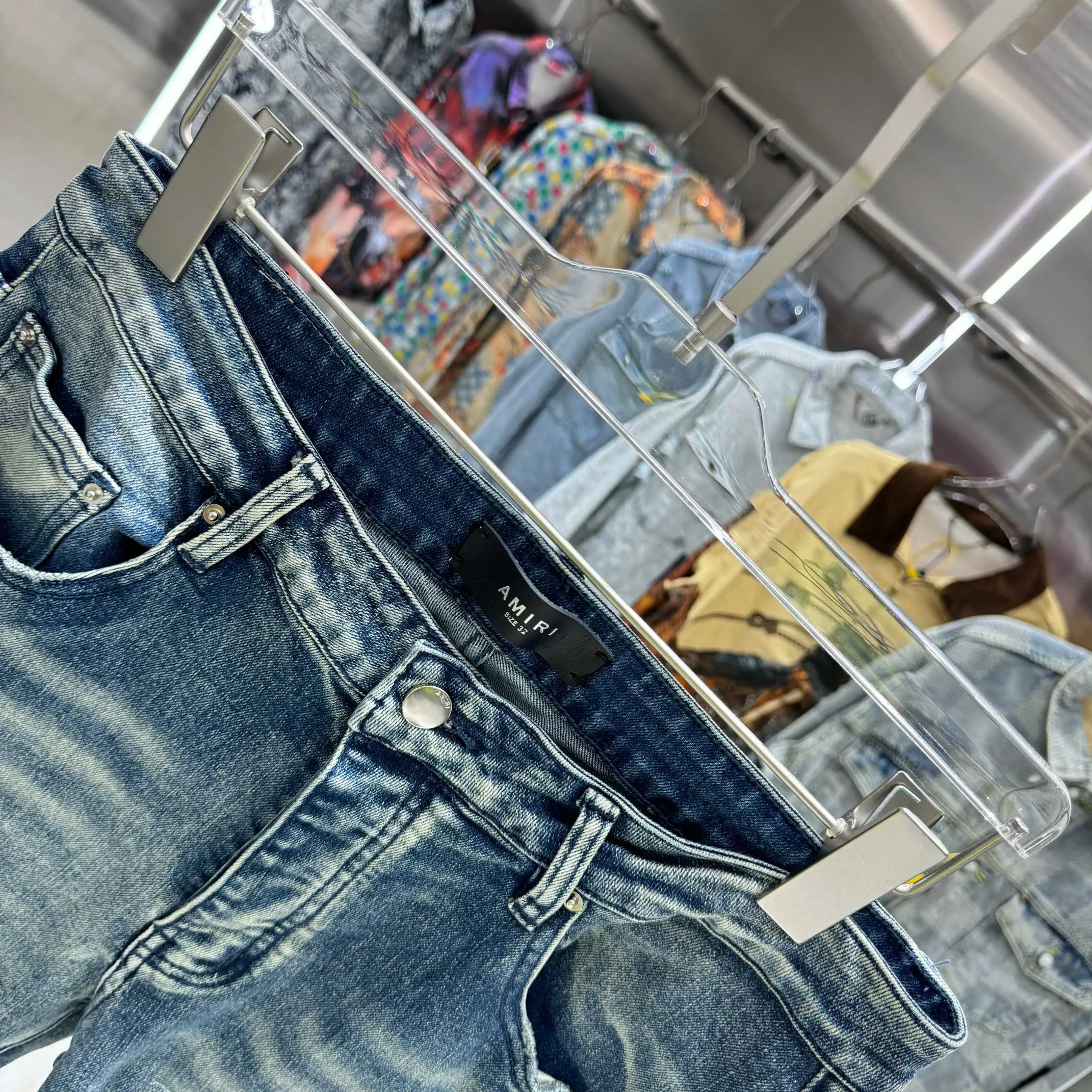 P280 Amiri ripped embroidery pattern craft street fashion slim fit stretch jeans color blue size 30 32 34 36 38