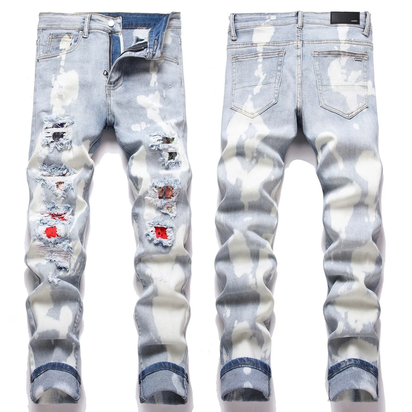 #M91 P168💰 AMIRI patch embroidery jeans trousers AMIRI high street basic ripped tight elastic jeans trousers amiri brand jeans break the production process and cutting of the original jeans, the fabrics are softer and more comfortable Hand-sewn collar label Customized logo buttons Genuine leather tag Color: Picture color Size: 30-32-34-36