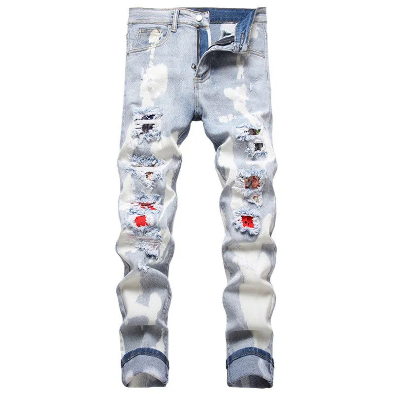 #M91 P168💰 AMIRI patch embroidery jeans trousers AMIRI high street basic ripped tight elastic jeans trousers amiri brand jeans break the production process and cutting of the original jeans, the fabrics are softer and more comfortable Hand-sewn collar label Customized logo buttons Genuine leather tag Color: Picture color Size: 30-32-34-36