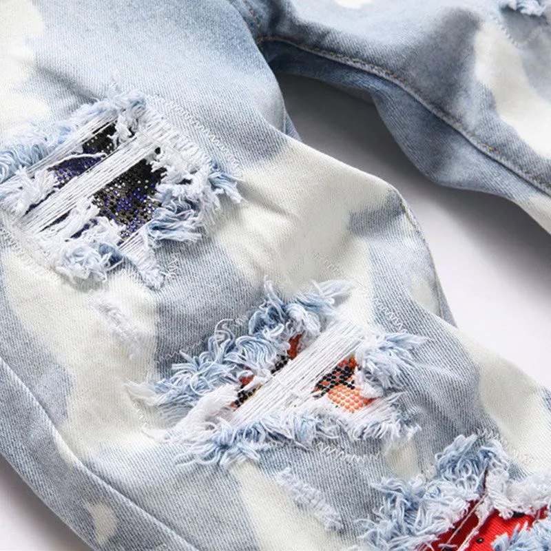 #M91 P168💰 AMIRI patch embroidery jeans trousers AMIRI high street basic ripped tight elastic jeans trousers amiri brand jeans break the production process and cutting of the original jeans, the fabrics are softer and more comfortable Hand-sewn collar label Customized logo buttons Genuine leather tag Color: Picture color Size: 30-32-34-36
