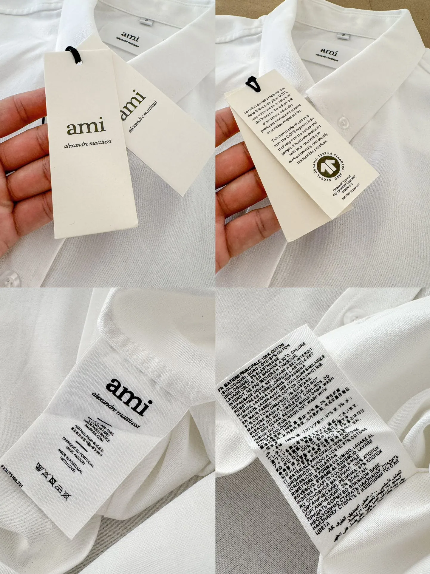 Ami Paris Oxford cotton button-down corner collar casual short-sleeved shirt - big heart style - same style for men and women. Fashionable and versatile short-sleeved shirt with big heart letter embroidery decoration in the same color! Simultaneous sales at counters. A famous French affordable luxury fashion brand. Major stars are looking for the brand's classic element embellishments. The basic simple design is fashionable. It is a must-have couple's shirt for men and women!  Made of custom-woven 100% Oxford cloth pure cotton, it feels soft and delicate, has excellent moisture absorption and perspiration performance, and is very comfortable and skin-friendly when worn next to the skin! The chest of the shirt is decorated with the classic love letter A logo embroidery. The top-notch embroidery technology is tight, full and full of details, and is cleverly embellished with bright red. It carries all the eye-catching points. It follows the consistent minimalist French attitude. The fabric is soft and comfortable, suitable for any versatile casual shirt couple!  Color: Blue White Size: S-XL S: Bust 102, Shoulder 47, Length 70 M: Bust 106, Shoulder 48, Length 72 L: Bust 110, Shoulder 49, Length 74 XL: Bust 114, Shoulder 50, Length 76