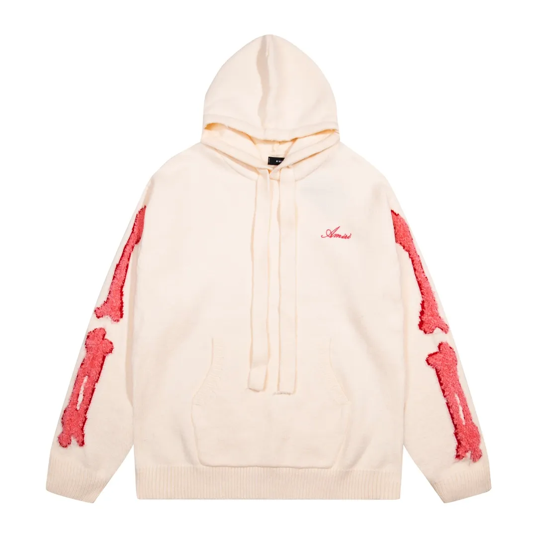 P340 AMIRI new letter logo jacquard, tassels damaged hole hooded sweater Color: apricot gray red black Size: S M L XL XXL