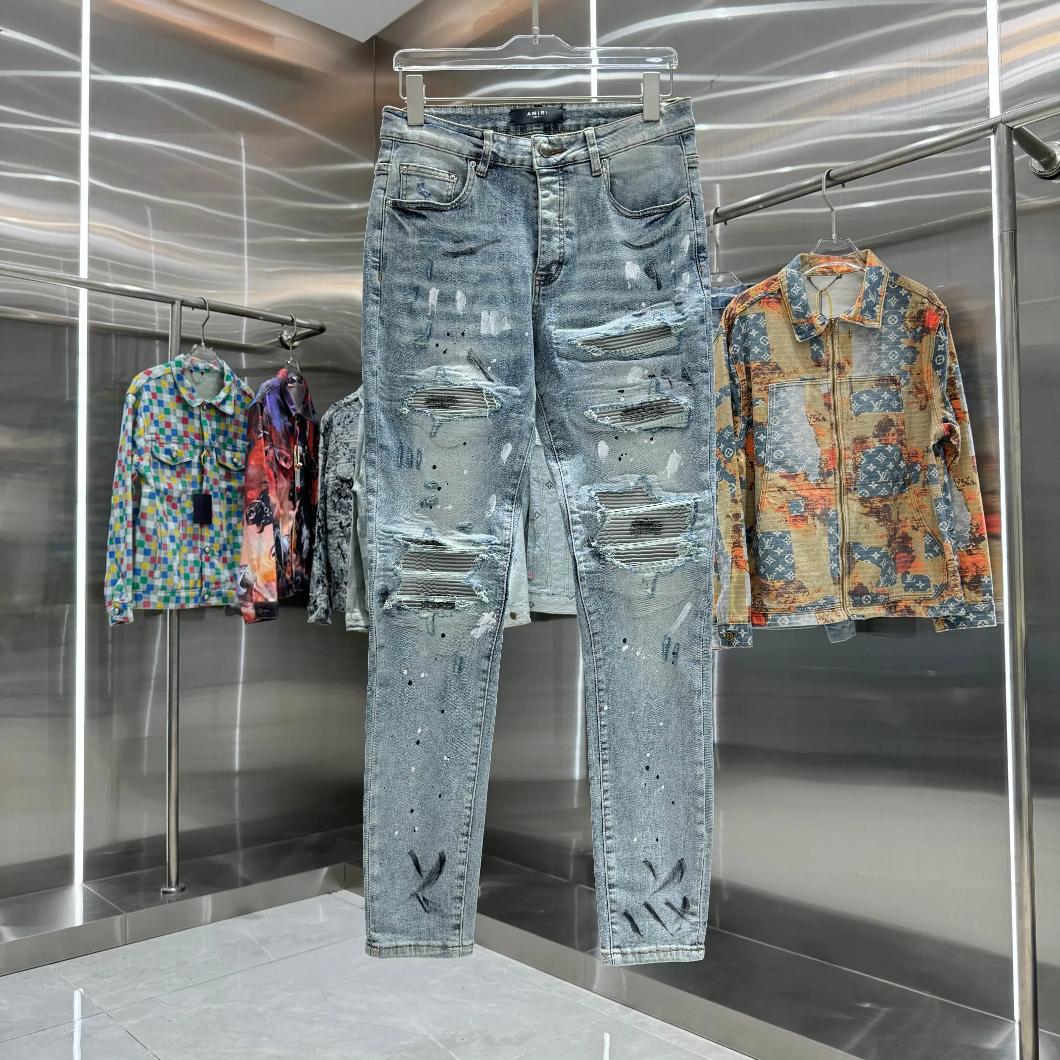 P280 Amiri ripped graffiti craft street fashion slim fit stretch jeans Color Blue Size 30 32 34 36 38
