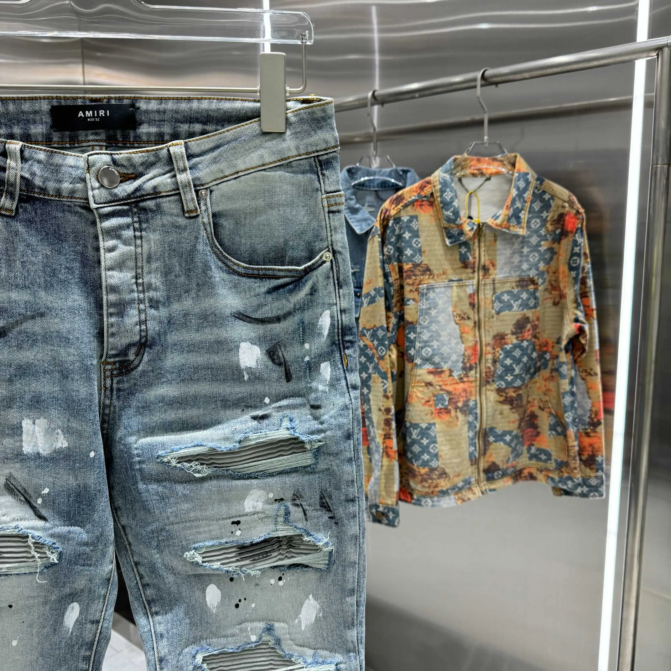 P280 Amiri ripped graffiti craft street fashion slim fit stretch jeans Color Blue Size 30 32 34 36 38