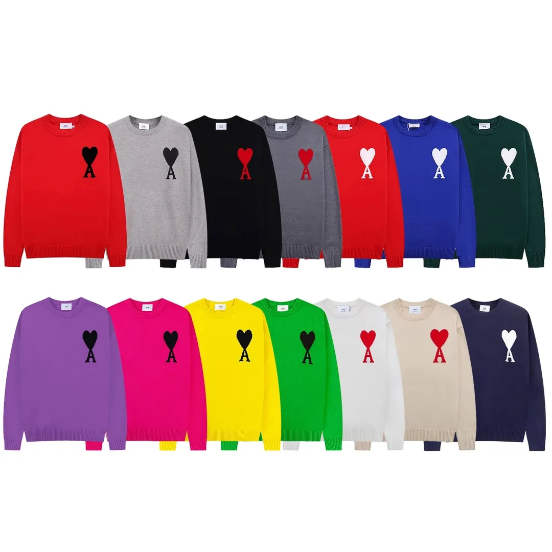 A08B#Ami Paris 2021Ami de Coeur love embroidered wool sweater Love A round neck Oversize version design Same style for men and women Color: blue dark green red light green red yellow black white apricot gray royal blue gray black heart red black heart purple 14 colors Size: S-XL