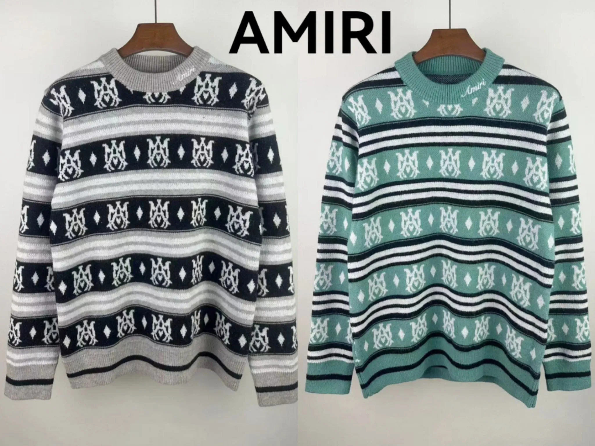 P240 🎉AMIRI new seahorse wool sweater, personalized logo embroidery on the collar, 🈵 exclusive logo jacquard, color: green black digital: S M L XL XXL
