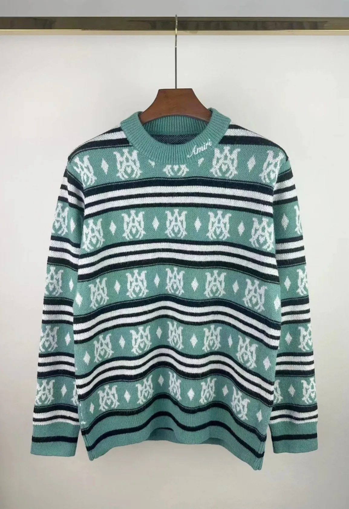 P240 🎉AMIRI new seahorse wool sweater, personalized logo embroidery on the collar, 🈵 exclusive logo jacquard, color: green black digital: S M L XL XXL
