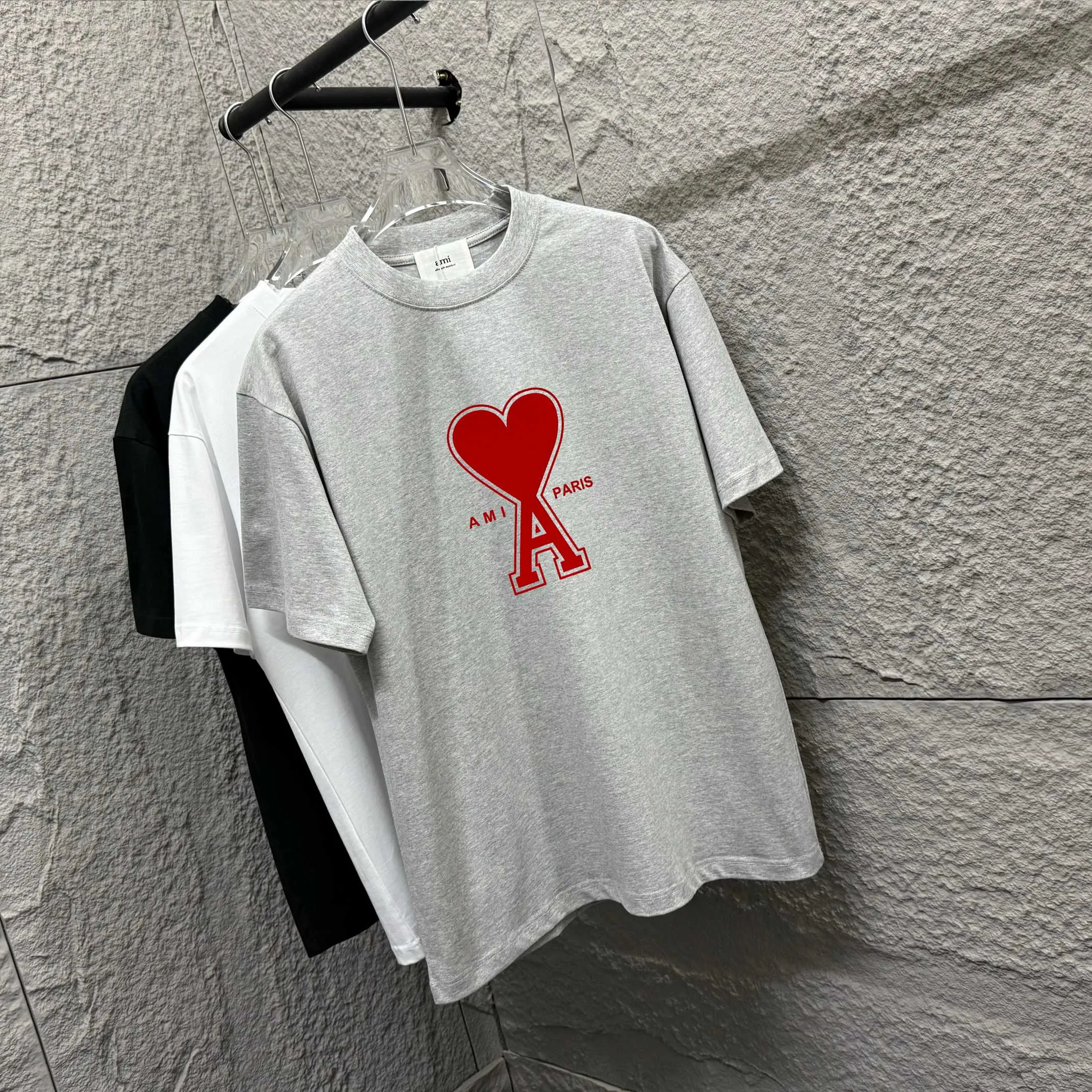 🅿️180 Ami* 2025 spring and summer new style Ami love letter red flocking Customized double yarn plain cotton fabric Short-sleeved T-shirt Uniform for men and women Color: black white floral gray Size: S (90-130 pounds) M (120-150 pounds) L (140-165 pounds) XL (160-180 pounds) XXL (180-210 pounds)