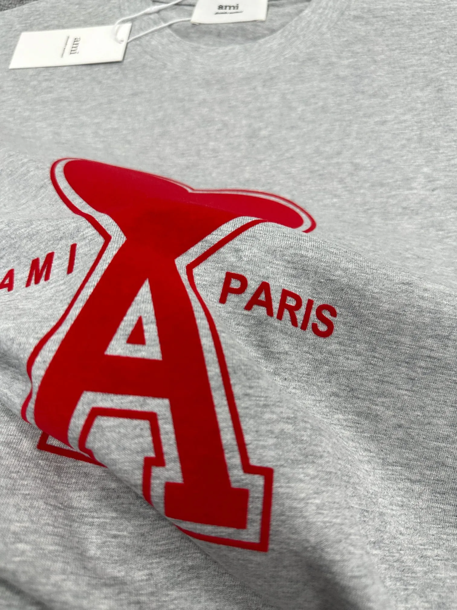 🅿️180 Ami* 2025 spring and summer new style Ami love letter red flocking Customized double yarn plain cotton fabric Short-sleeved T-shirt Uniform for men and women Color: black white floral gray Size: S (90-130 pounds) M (120-150 pounds) L (140-165 pounds) XL (160-180 pounds) XXL (180-210 pounds)