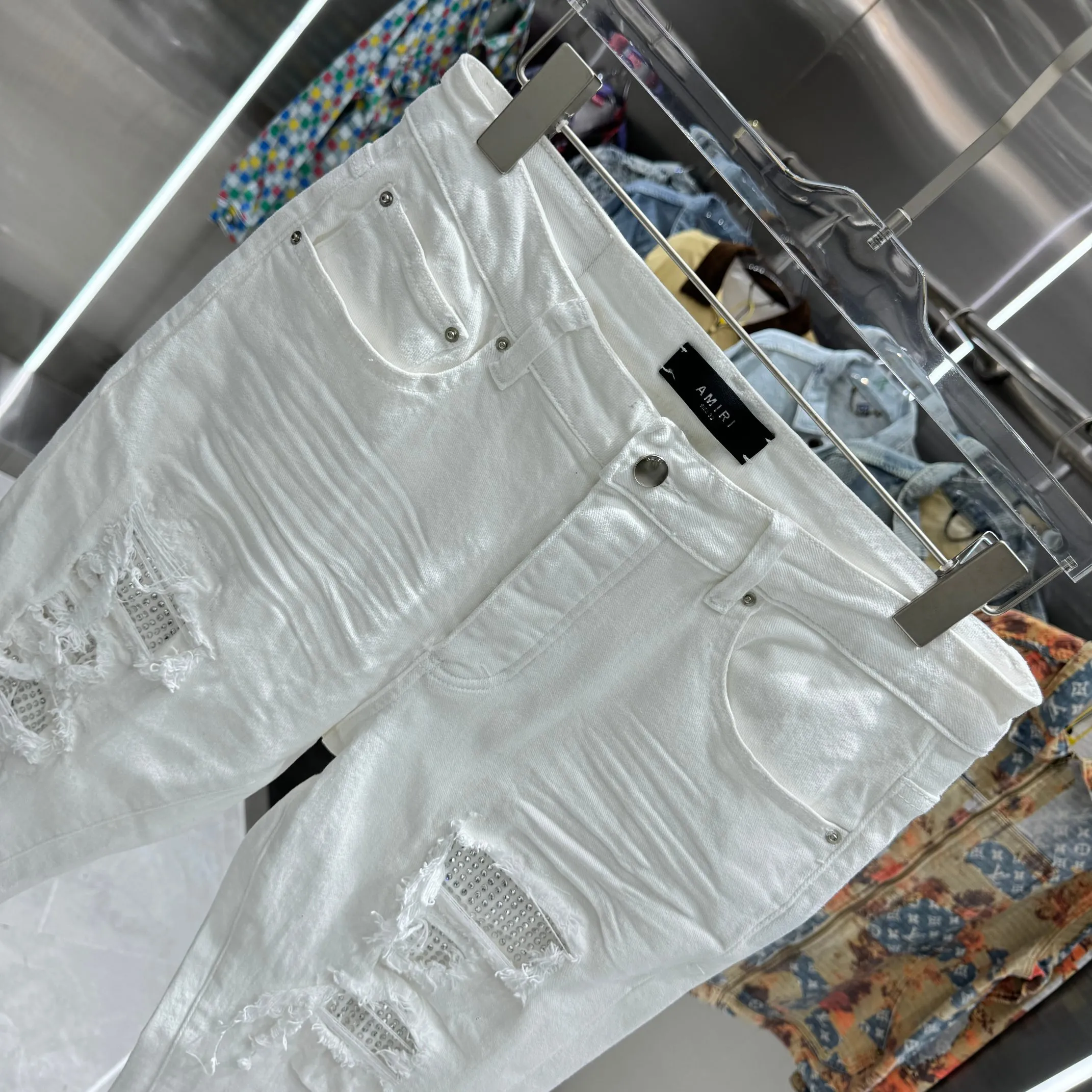P290 Amiri ripped patchwork hot-drilled process street fashion slim fit stretch jeans Color White Size 30 32 34 36 38
