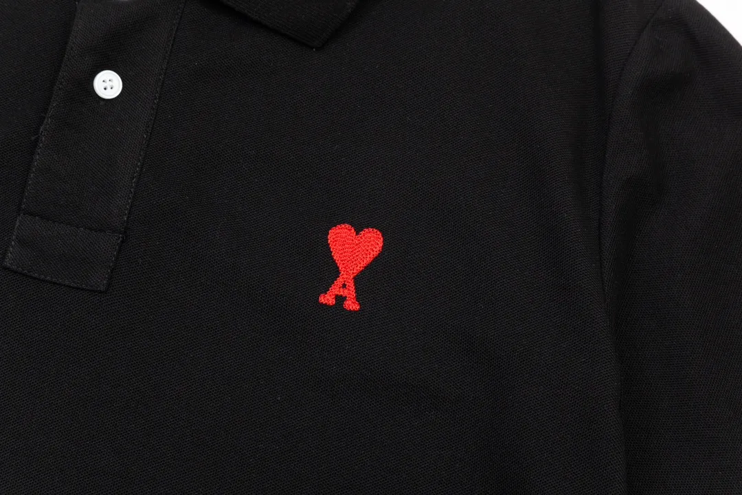 116# AMI Paris spring and summer reverse collar classic love embroidered letter A heart pure cotton men's and women's polo shirt short sleeve Color: black white sky orchid gray khaki color orchid Baolan military green dark green purple gray green light purple Code number: S-XL