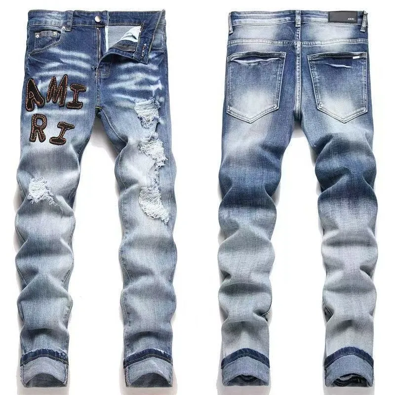 #M44 P168💰 Amiri classic embroidered patched leather ripped letter skinny jeans. Slim skinny jeans. Produced by a major washed factory. Full of high-end feel. Knee part destroyed design with patchwork design. Already used as facade design. Leather waist nameplate. The focus of this style is not on the washing, but on the destroyed shape and version. The secret lies in the craftsmanship of the master. The cost of post-processing, grinding, cutting, etc. is far beyond the cost of assembly line products. Color: Picture color Size: 30-32-34-36