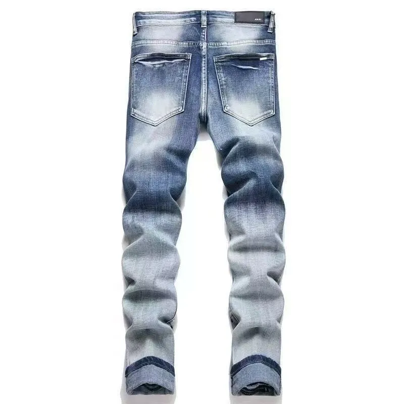 #M44 P168💰 Amiri classic embroidered patched leather ripped letter skinny jeans. Slim skinny jeans. Produced by a major washed factory. Full of high-end feel. Knee part destroyed design with patchwork design. Already used as facade design. Leather waist nameplate. The focus of this style is not on the washing, but on the destroyed shape and version. The secret lies in the craftsmanship of the master. The cost of post-processing, grinding, cutting, etc. is far beyond the cost of assembly line products. Color: Picture color Size: 30-32-34-36