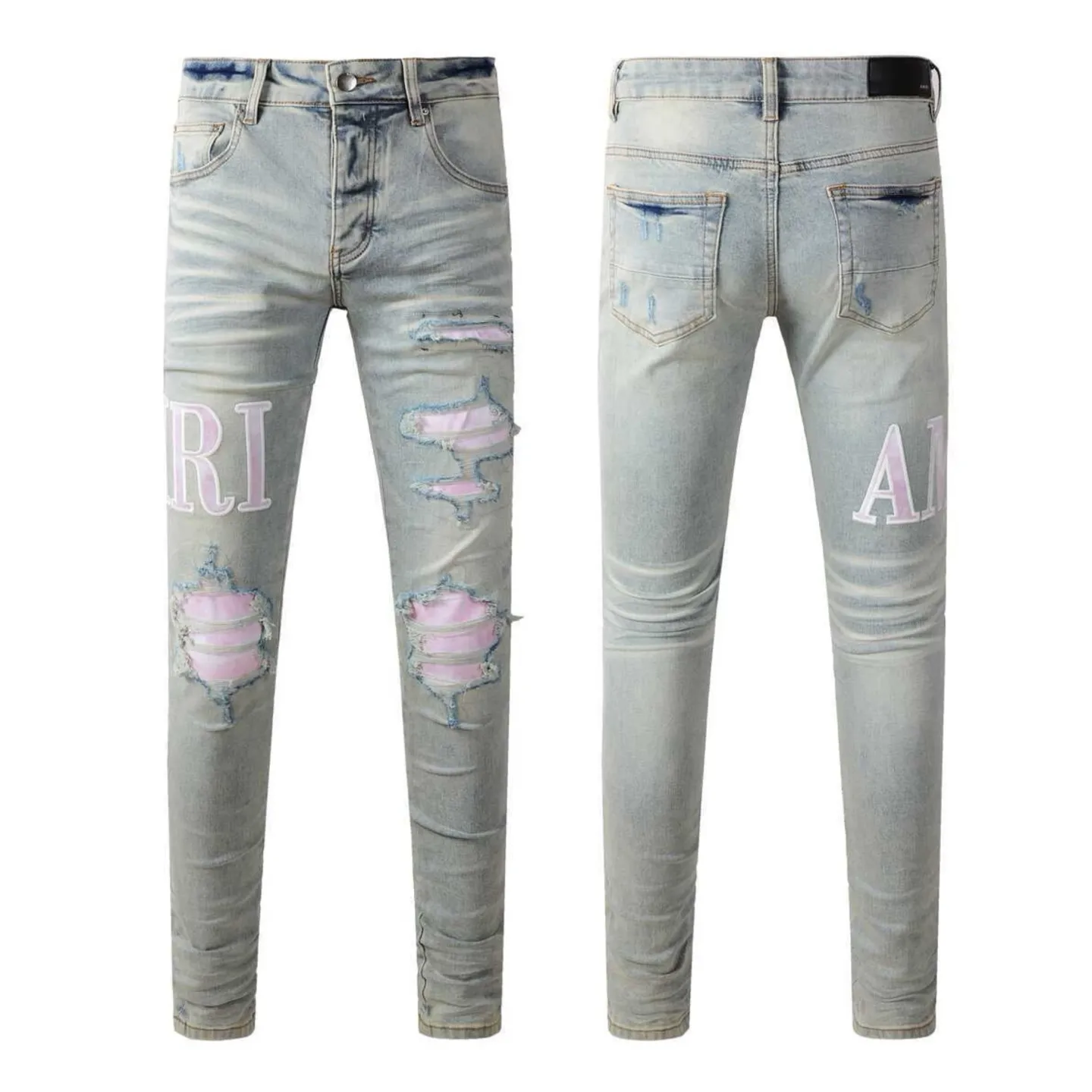 P220 💰 AMIRI patch embroidery jeans trousers AMIRI high street basic ripped tight elastic jeans trousers amiri brand jeans break the production process and cutting of the original jeans, the fabrics are softer and more comfortable Hand-sewn collar label Customized logo buttons Genuine leather tag Color: Picture color Size: 30-32-34-36
