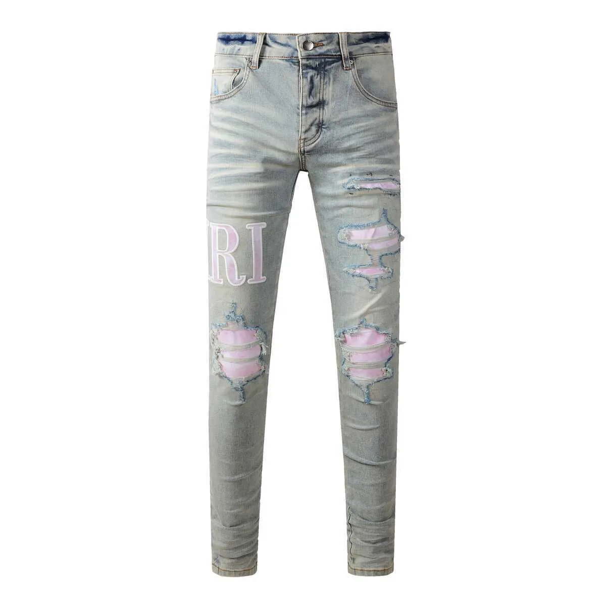 P220 💰 AMIRI patch embroidery jeans trousers AMIRI high street basic ripped tight elastic jeans trousers amiri brand jeans break the production process and cutting of the original jeans, the fabrics are softer and more comfortable Hand-sewn collar label Customized logo buttons Genuine leather tag Color: Picture color Size: 30-32-34-36