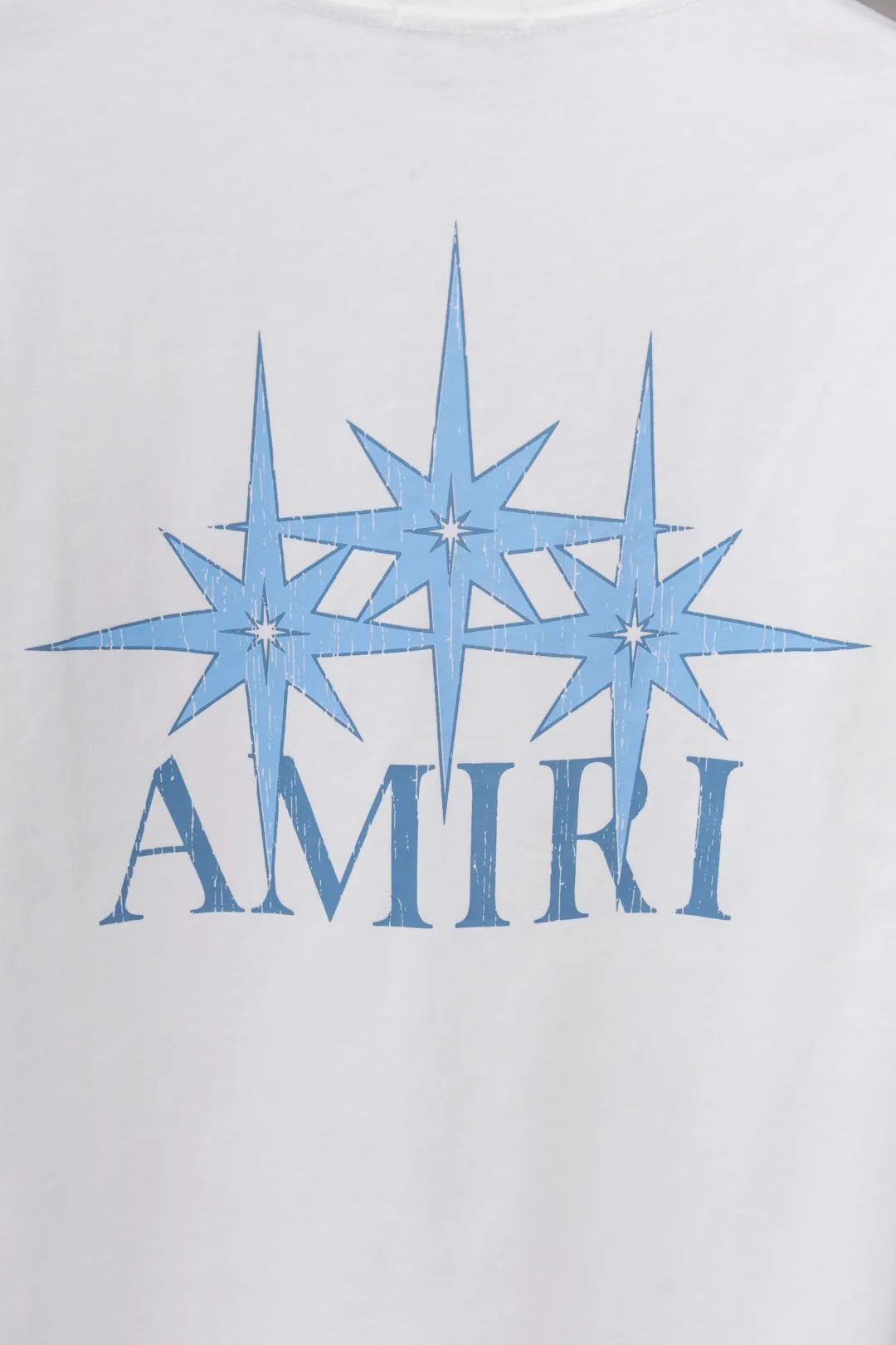 P134 S012 "𝙉𝙚𝙬♈️AMIRI" 🔥50ss new T-shirt, front and back color pattern + letter logo printing process, made of 260g double yarn cotton fabric, soft fabric, fashionable and versatile, same style for men and women. Color: black, white, size: M～3XL