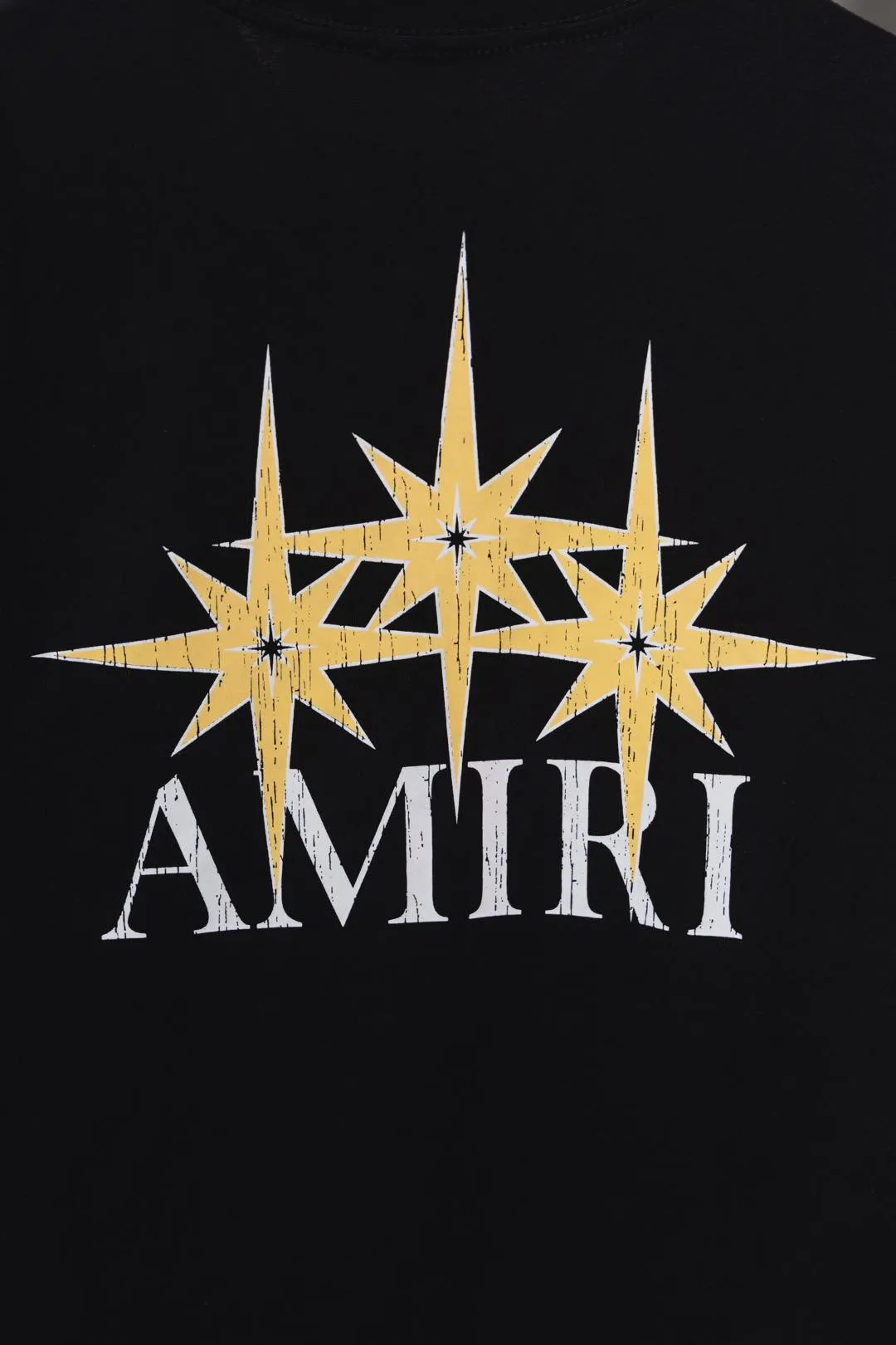 P134 S012 "𝙉𝙚𝙬♈️AMIRI" 🔥50ss new T-shirt, front and back color pattern + letter logo printing process, made of 260g double yarn cotton fabric, soft fabric, fashionable and versatile, same style for men and women. Color: black, white, size: M～3XL