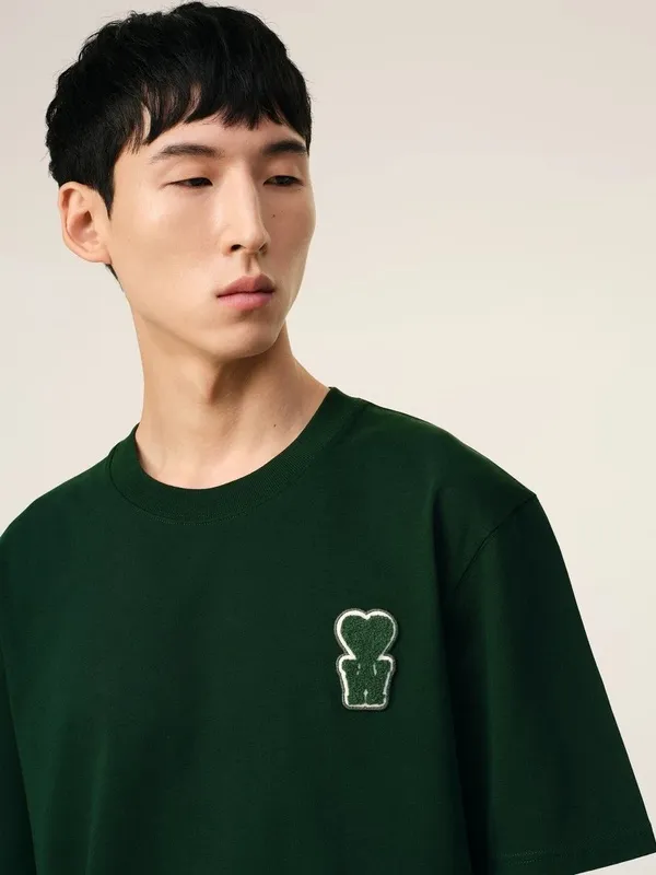AMI PARIS 25SS new product [Co-branded by Choi Woo-sik] Co-branded logo WDC contrasting logo short-sleeved T-shirt. Customized 230g double yarn pure cotton fabric matching 280G rib YP replica. New main wheat. Washable wheat QR code can be scanned. Same style for men and women. Color: dark green, apricot. Size: S-XL