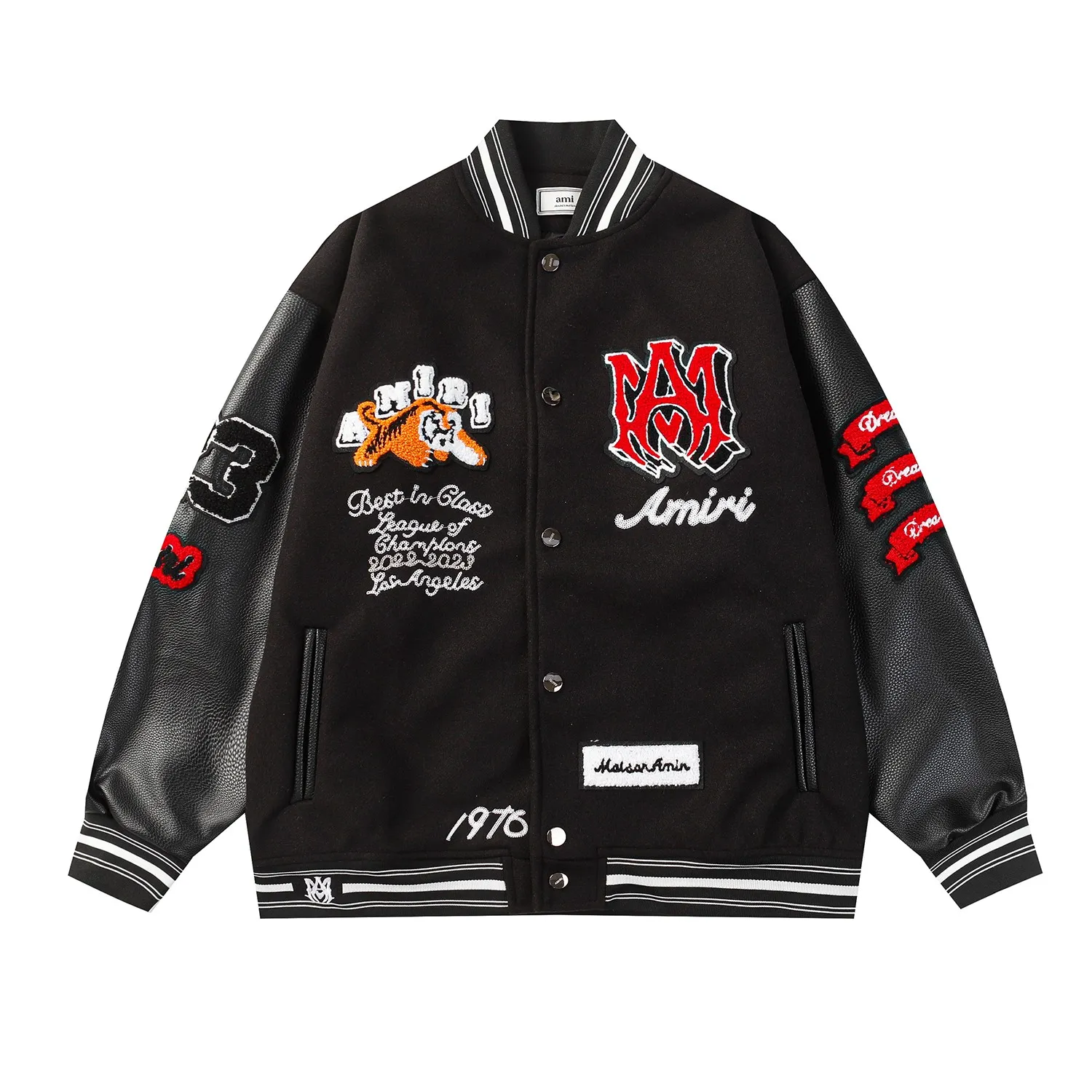 P370 AMIRI's new tiger towel embroidered baseball jacket with thousands of needles, high weight dragon and phoenix nylon fabric with pebbled leather sleeves, heavy industry hardware restored one to one M L XL XXL