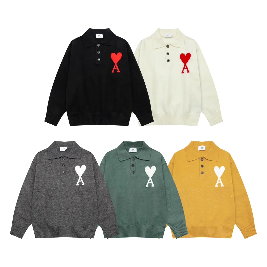 8162# Ami Paris 2024 autumn and winter new big love jacquard wool Ami De Coeur polo collar pullover sweater, same style for men and women, Oversize version, color: black, white, gray, yellow, green, size S-XL