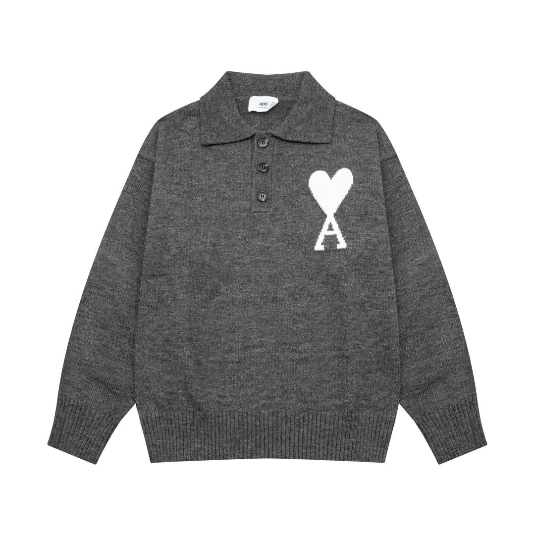8162# Ami Paris 2024 autumn and winter new big love jacquard wool Ami De Coeur polo collar pullover sweater, same style for men and women, Oversize version, color: black, white, gray, yellow, green, size S-XL